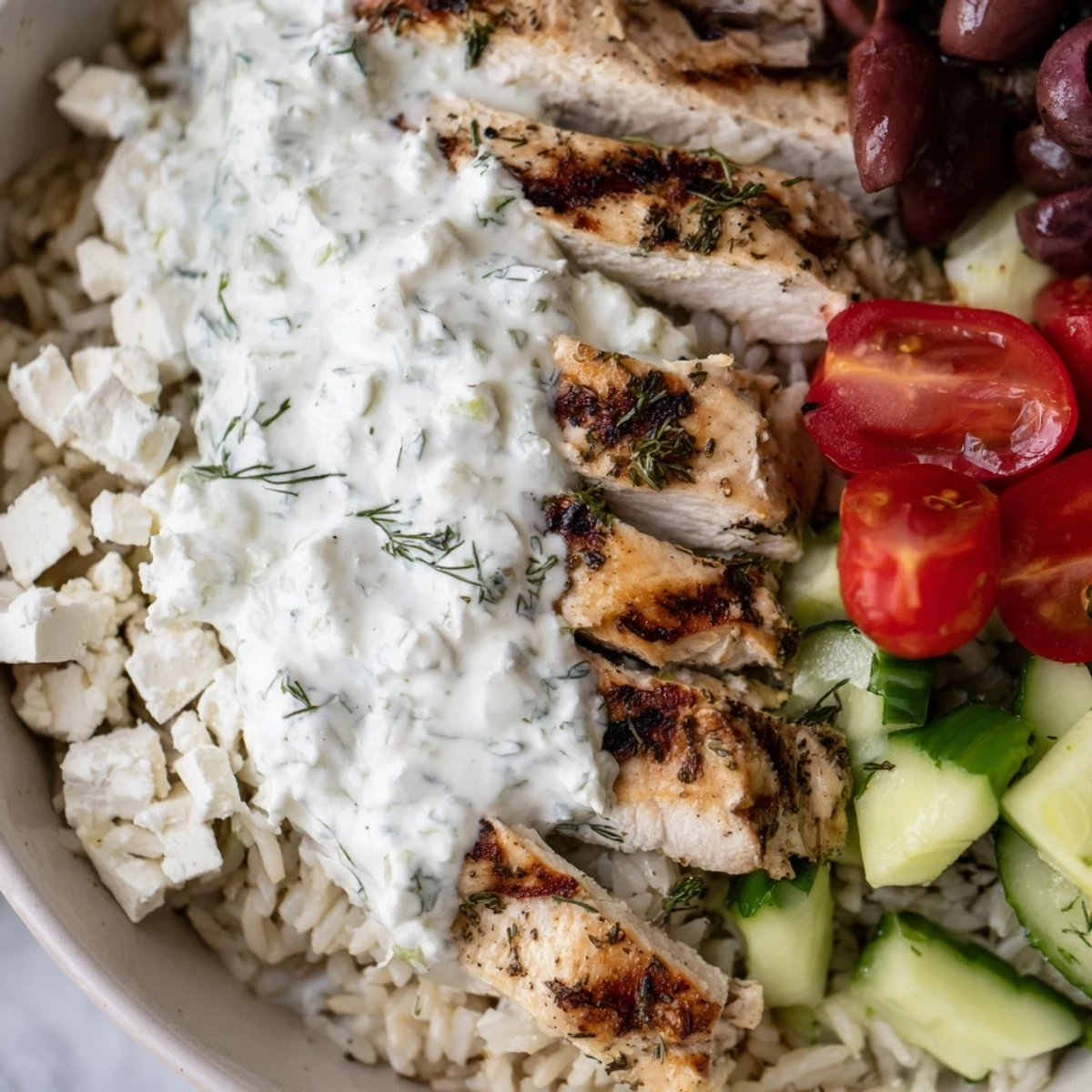 Colorful Greek Chicken Bowls with juicy grilled meat, crisp veggies, and creamy tzatziki sauce