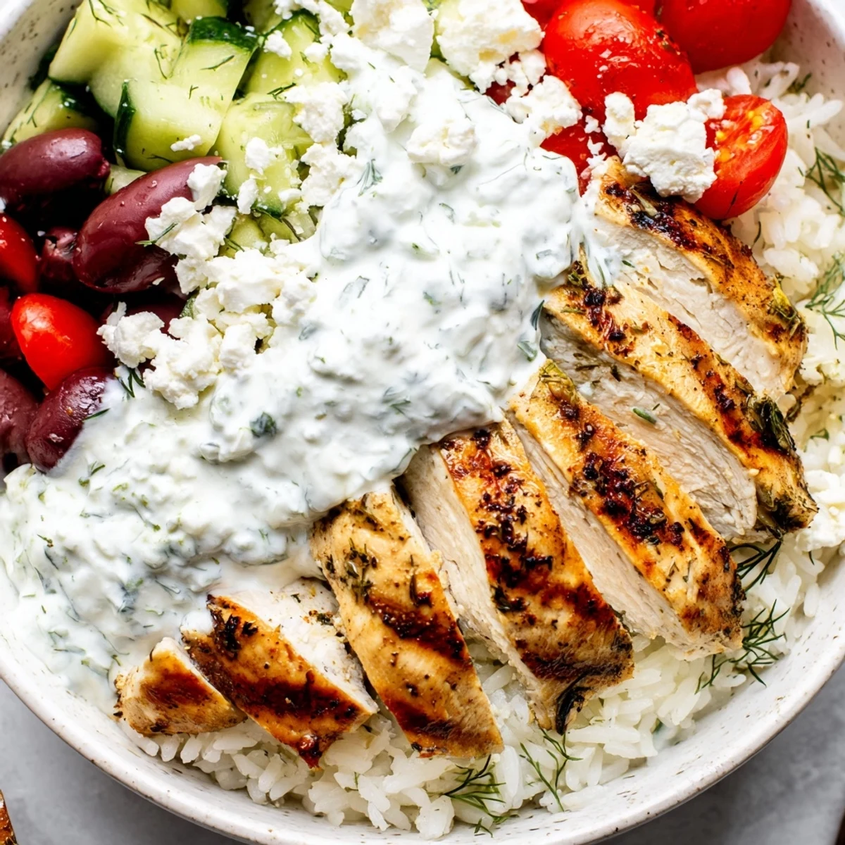 Fresh Mediterranean Greek Chicken Bowls topped with crumbled feta, olives, and cool tzatziki