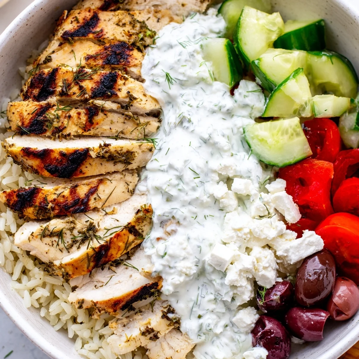 Golden herbed chicken sliced over fluffy rice in these vibrant Greek Chicken Bowls