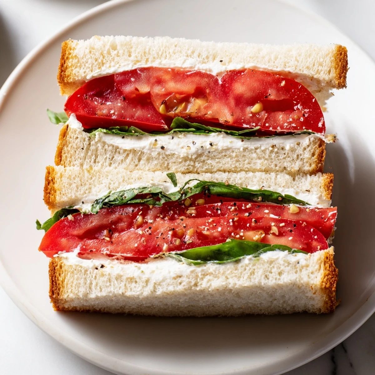 Classic tomato sandwich layered with thick-cut tomatoes basil and fluffy white bread