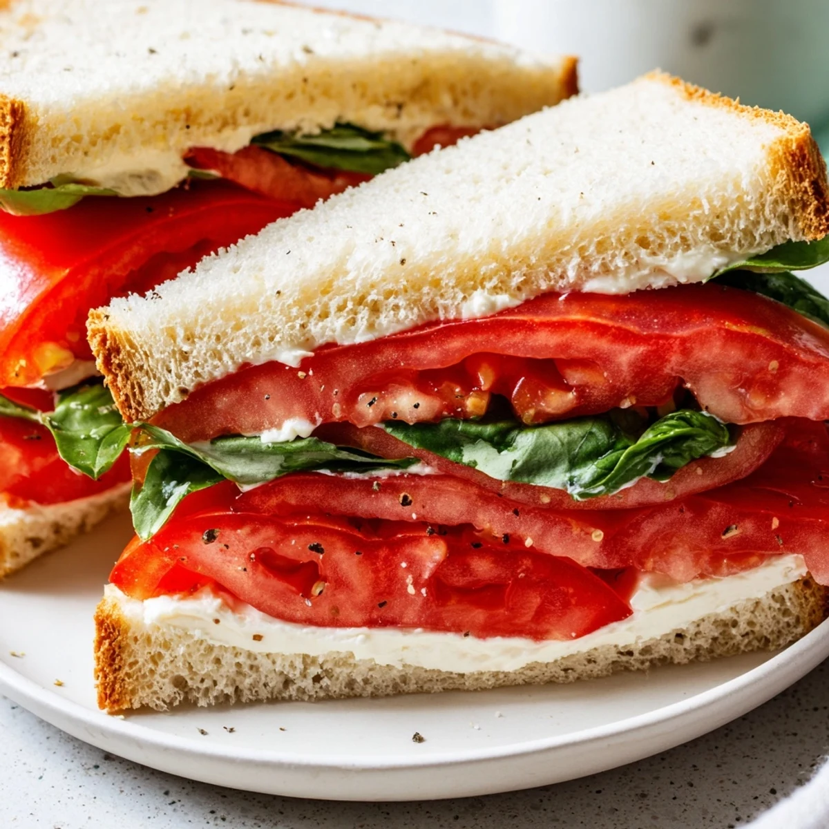 Crisp homemade tomato sandwich served on a wooden board with iced tea