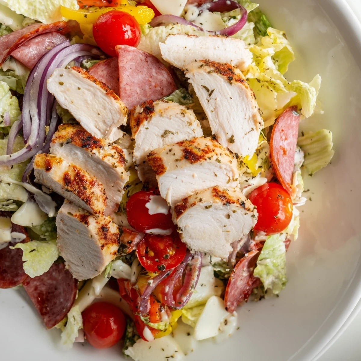 Italian Grinder Chicken Salad loaded with salami, provolone, and crisp romaine lettuce