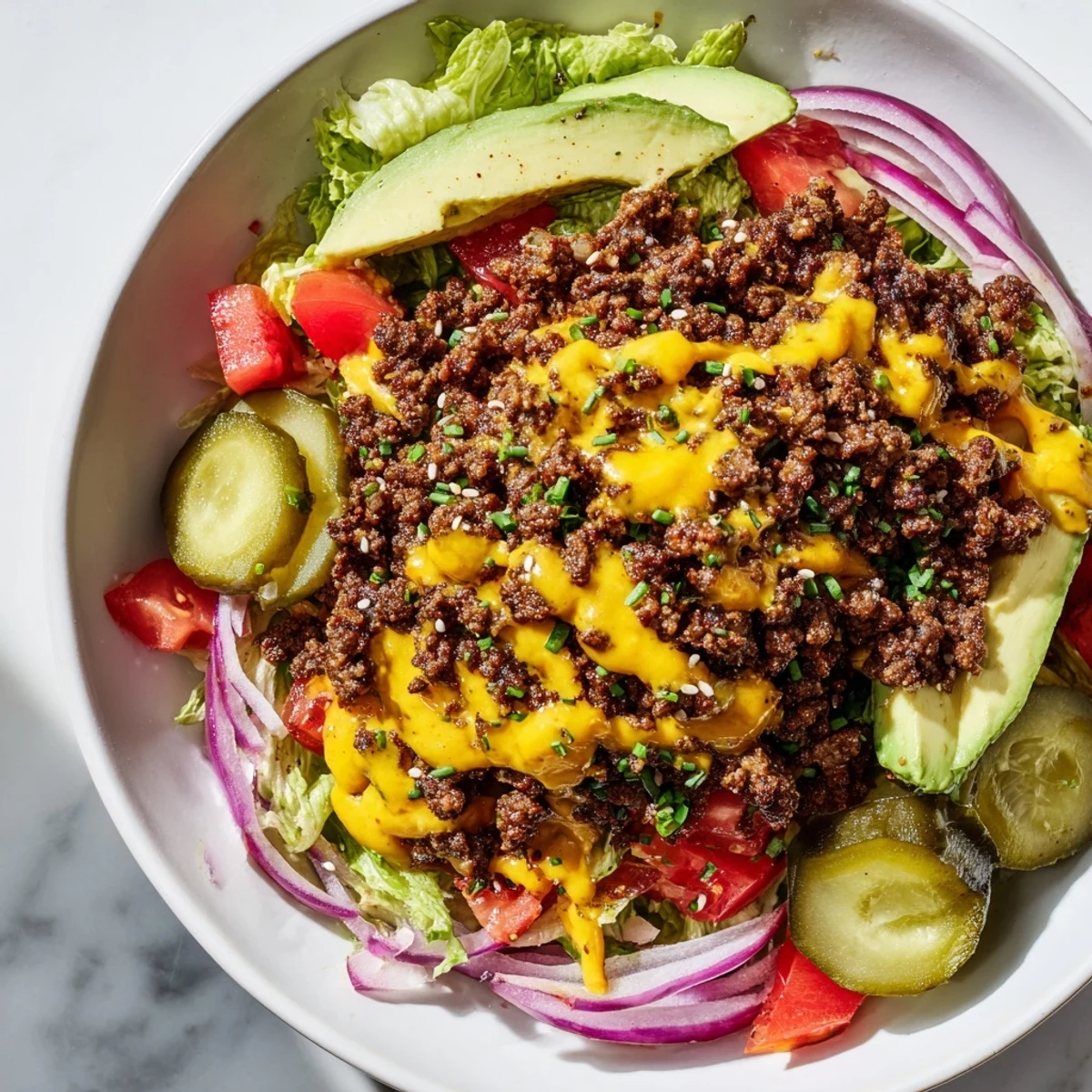 Juicy burger bowls loaded with crisp lettuce, ripe tomatoes, and tangy pickle chunks