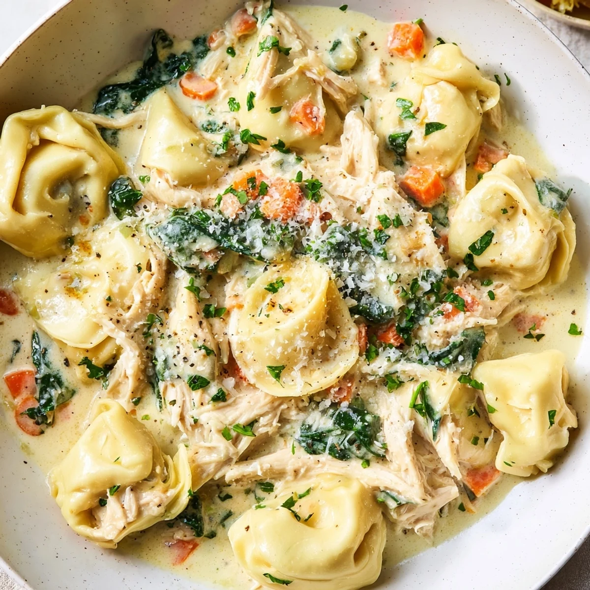 Creamy Crockpot Chicken Tortellini topped with Parmesan and fresh parsley in a white bowl