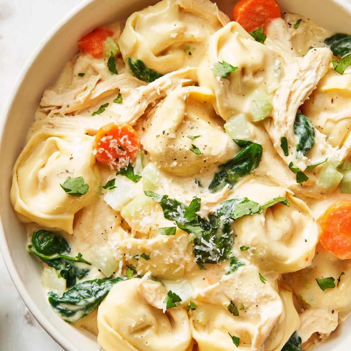 Steaming bowl of Crockpot Chicken Tortellini with tender shredded chicken and wilted spinach in rich sauce