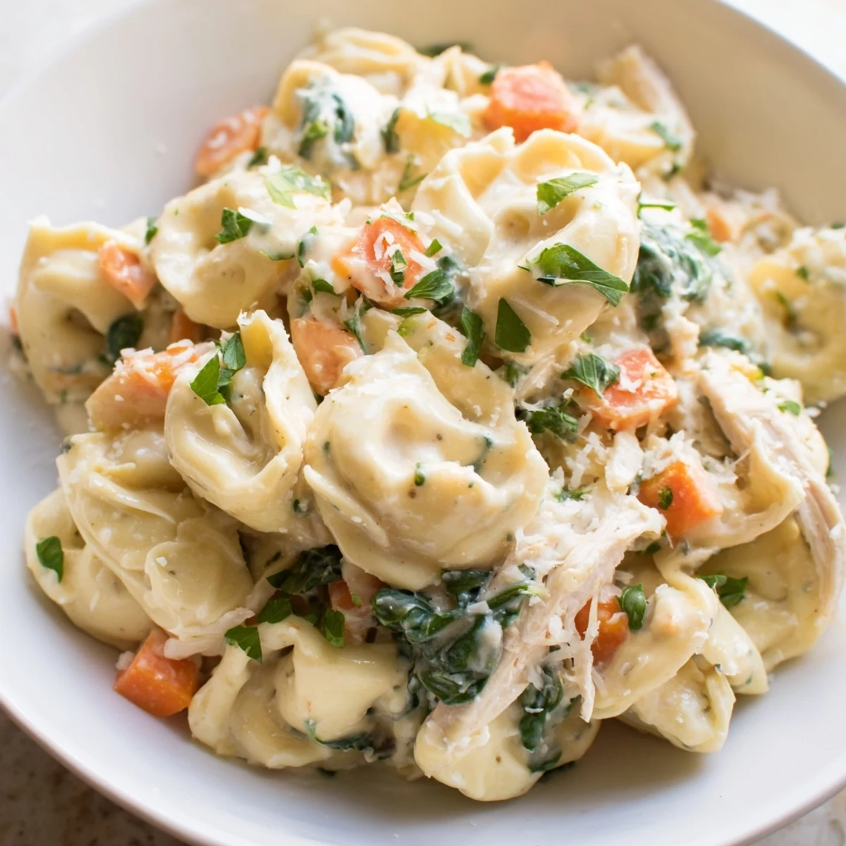 Golden spoon scooping into Crockpot Chicken Tortellini loaded with cheese tortellini carrots and creamy chicken broth
