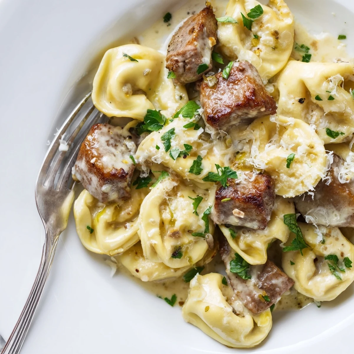 Creamy garlic steak tortellini in a golden Parmesan sauce sprinkled with fresh parsley