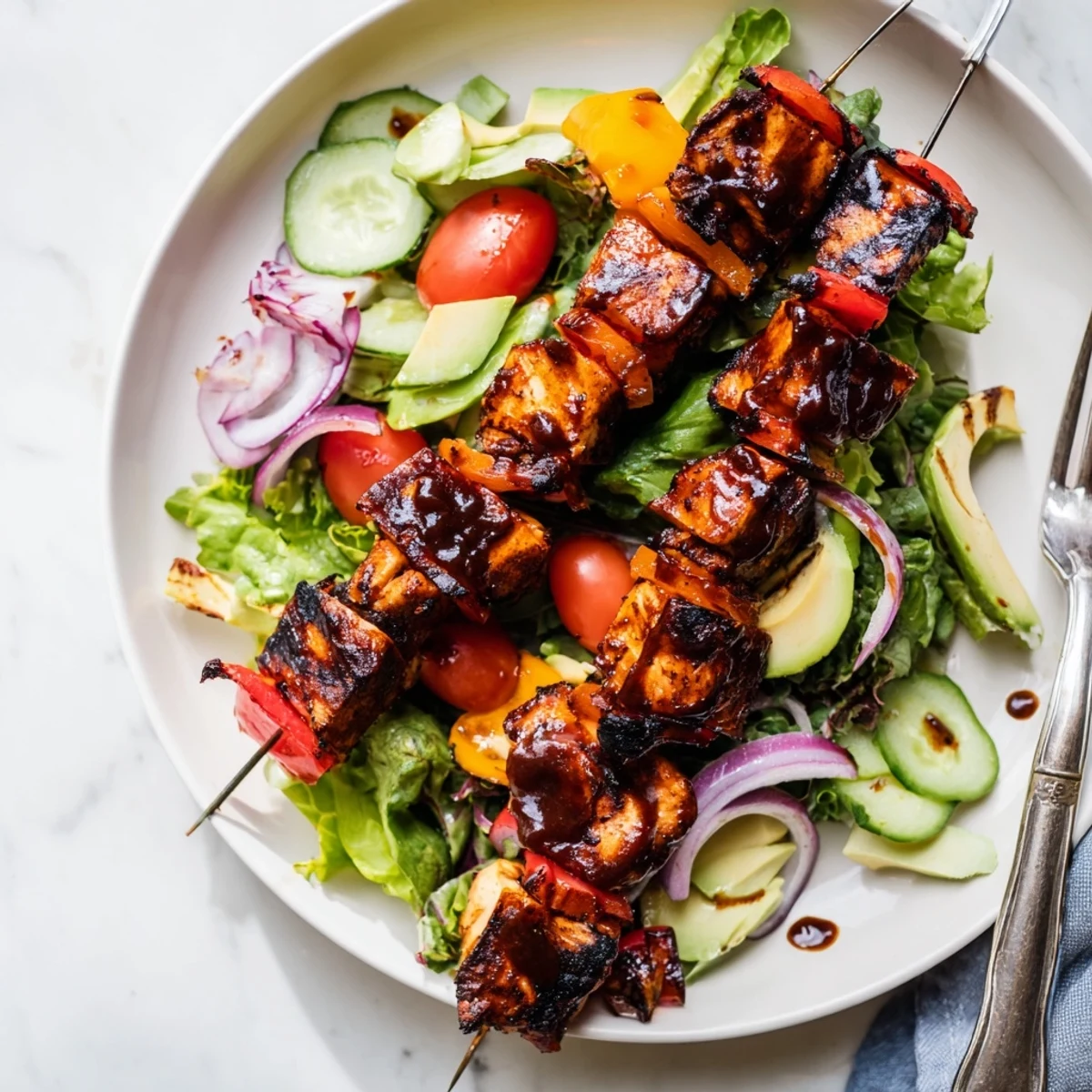 Smoky BBQ chicken skewers nestled on crisp greens with colorful bell peppers and creamy avocado.
