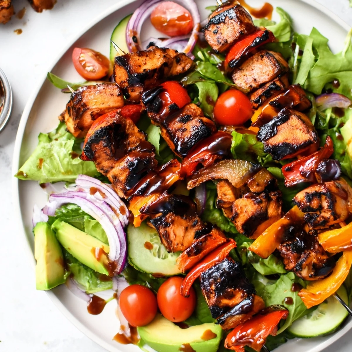 Juicy grilled BBQ chicken skewer salad drizzled with tangy honey mustard dressing on a rustic platter.