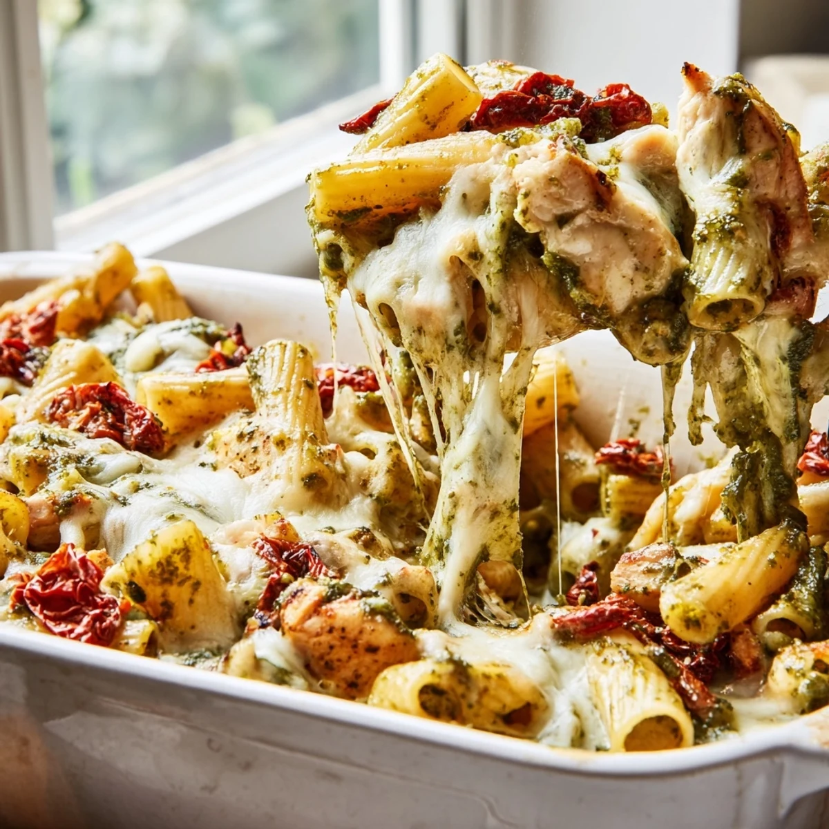 Golden bubbling pesto chicken pasta bake fresh from the oven with melted mozzarella
