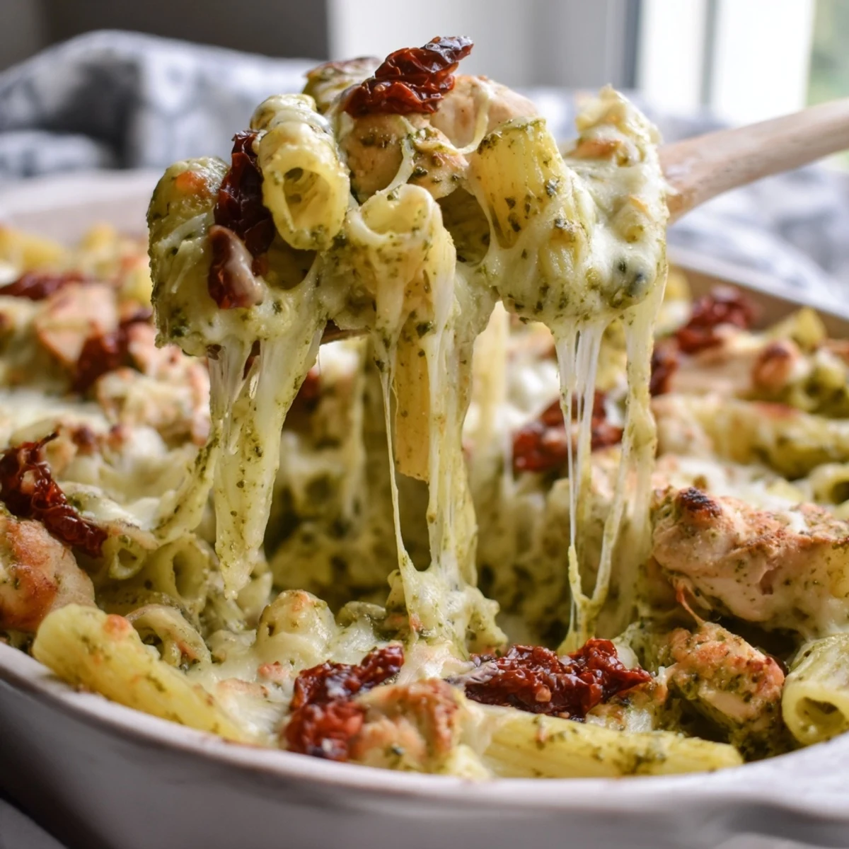 Creamy pesto chicken pasta bake topped with Parmesan and garnished with basil