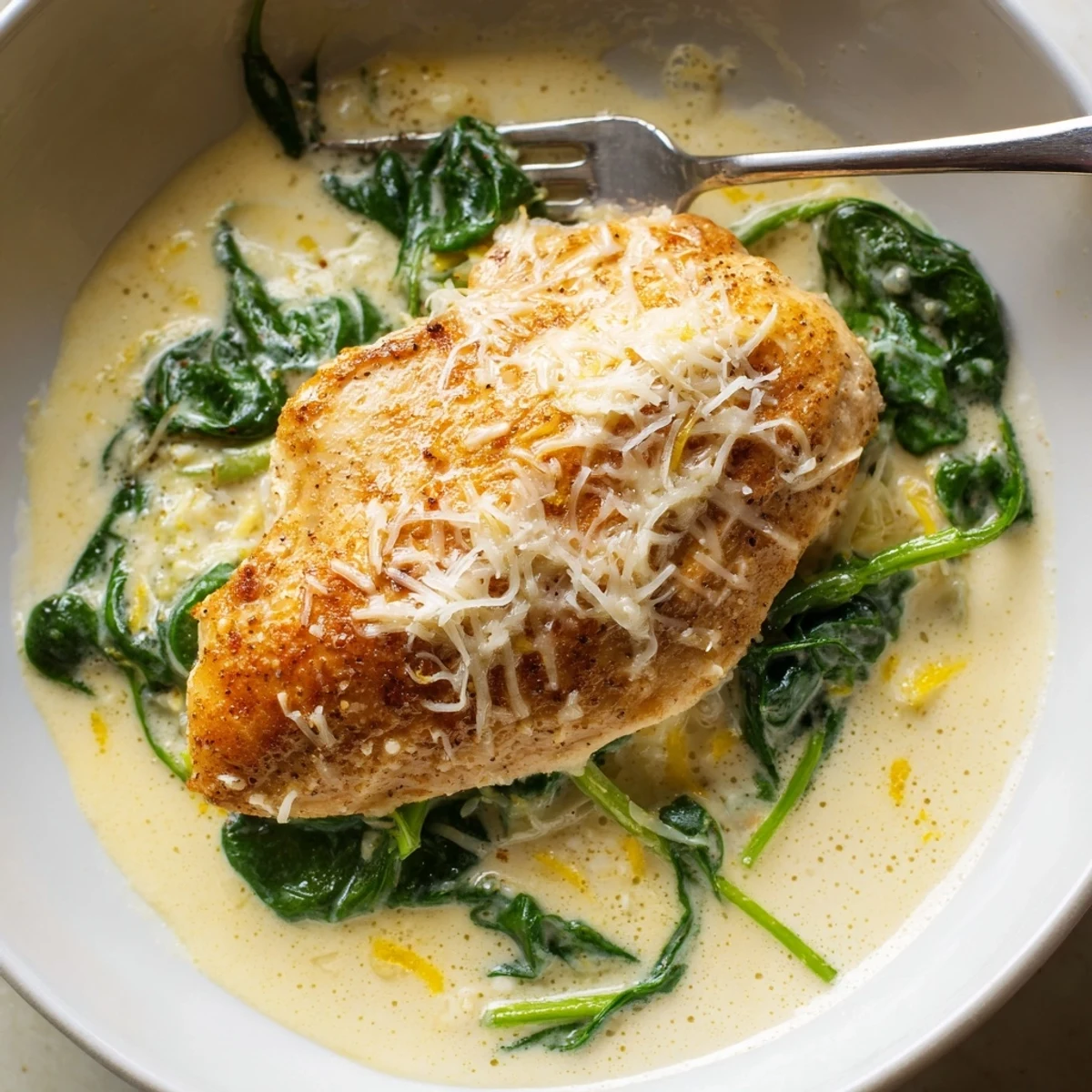Golden seared Lemon Parmesan Spinach Chicken nestled in a creamy, tangy skillet sauce