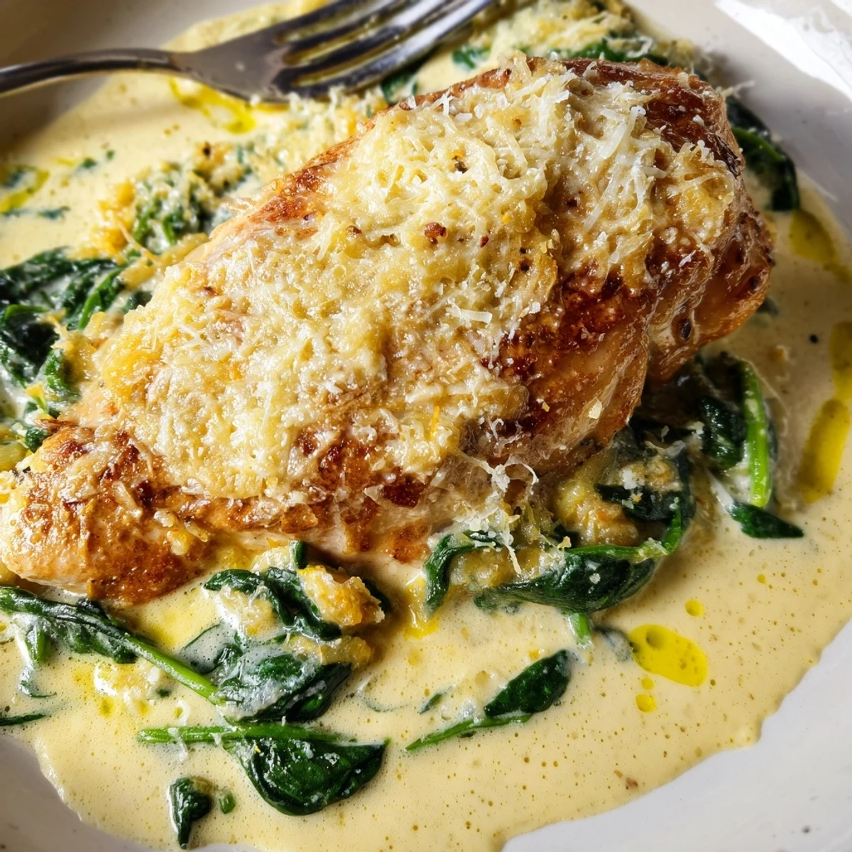 Juicy Lemon Parmesan Spinach Chicken topped with melted cheese and bright lemon zest