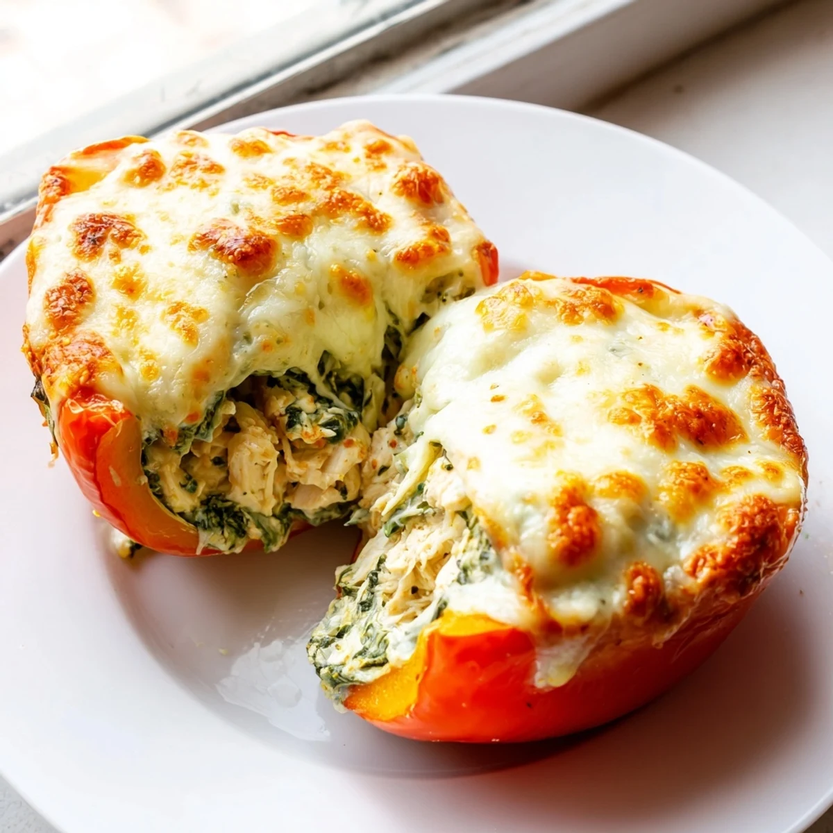 Golden baked chicken Florentine stuffed peppers overflowing with melted mozzarella and creamy spinach filling