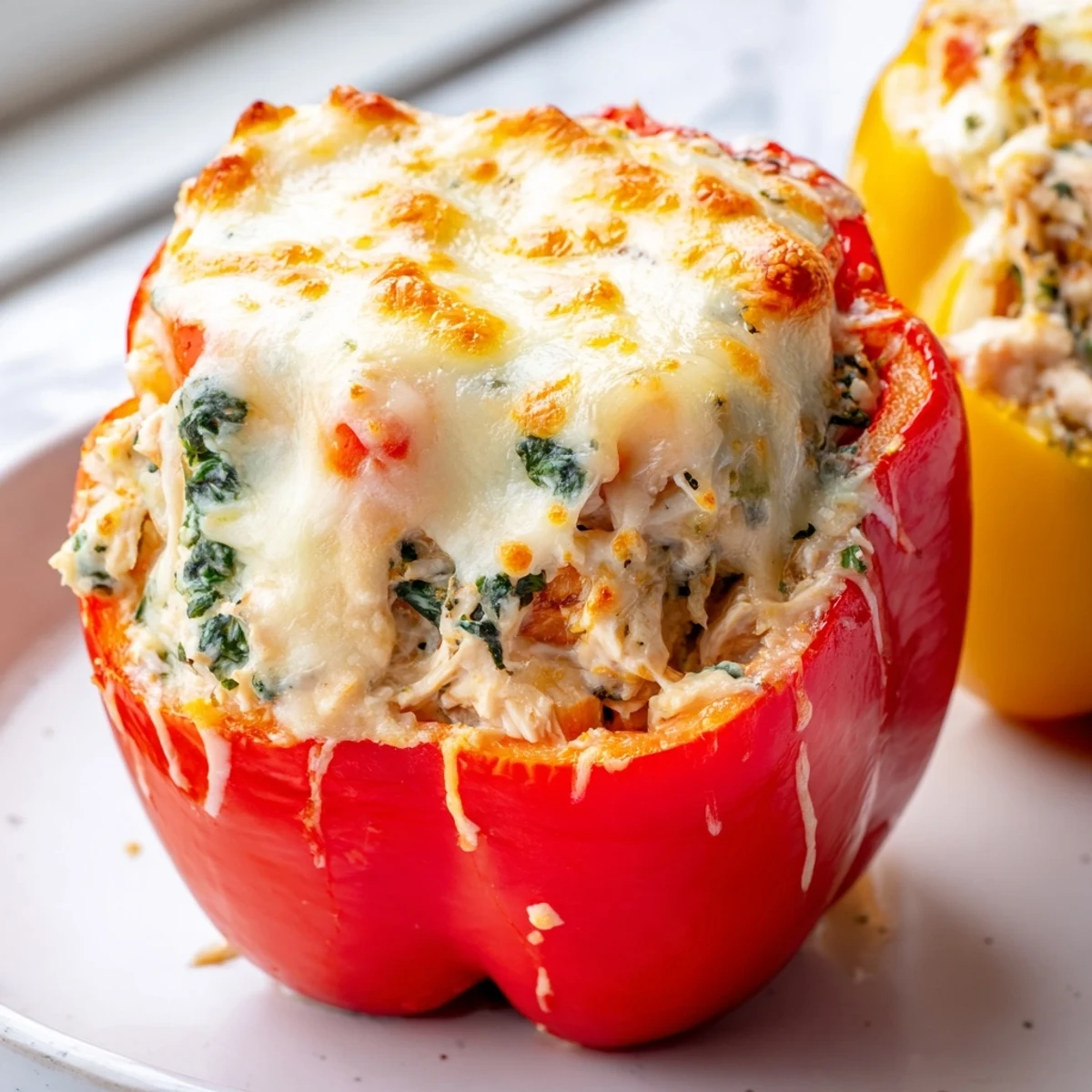 Vibrant bell peppers packed with tender chicken, ricotta, and wilted spinach straight from the oven