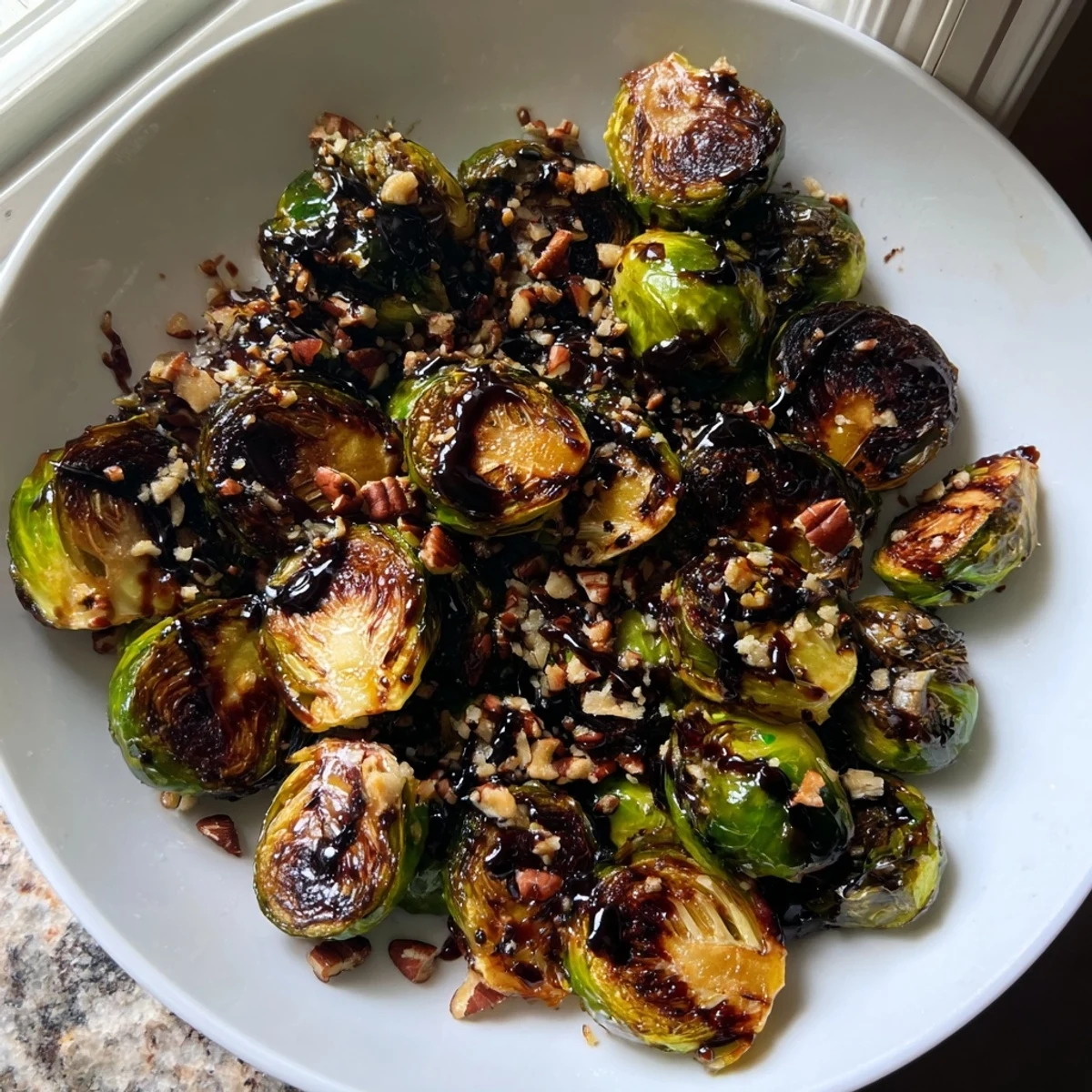 Honey balsamic Brussels sprouts drizzled with sticky glaze and topped with toasted pecans