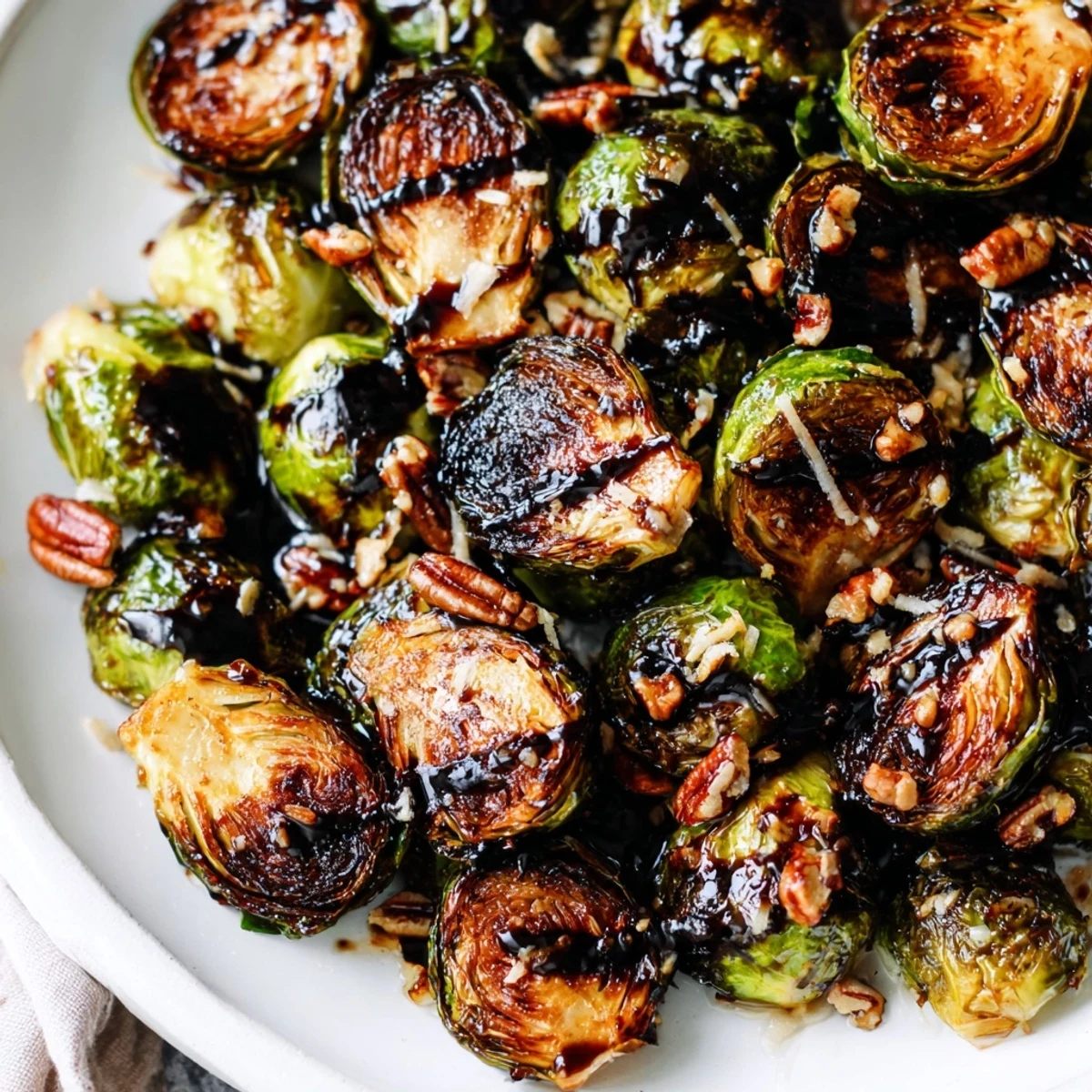 Crispy honey balsamic Brussels sprouts roasted golden with a glossy caramelized glaze