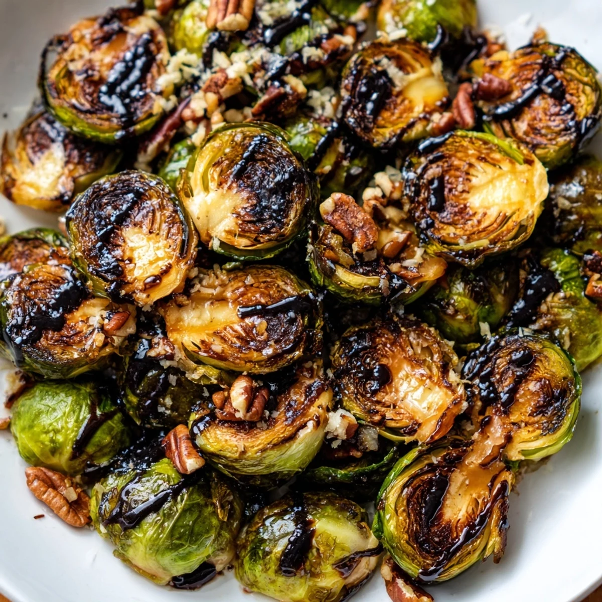 Charred honey balsamic Brussels sprouts served in a rustic white bowl with Parmesan