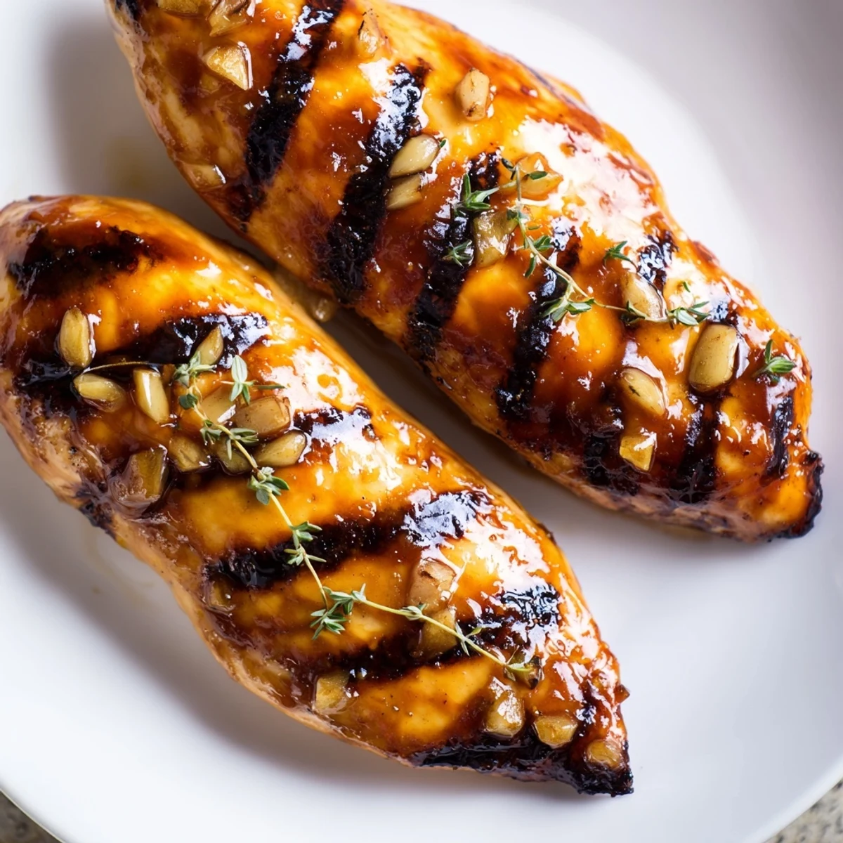 Golden Maple Dijon grilled chicken with caramelized grill marks on a rustic plate