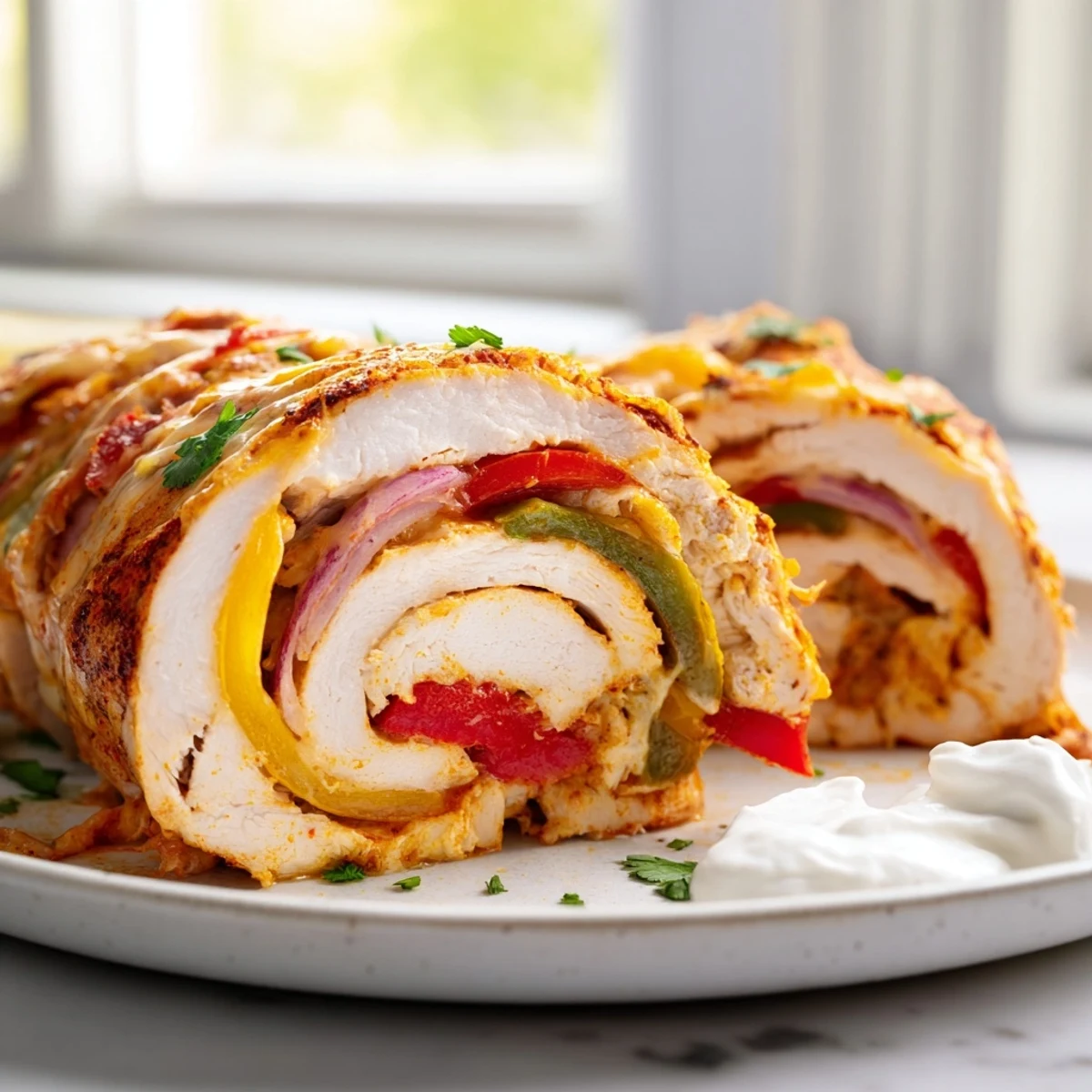 Golden baked chicken fajita roll ups with melted Monterey Jack and colorful peppers on a white plate