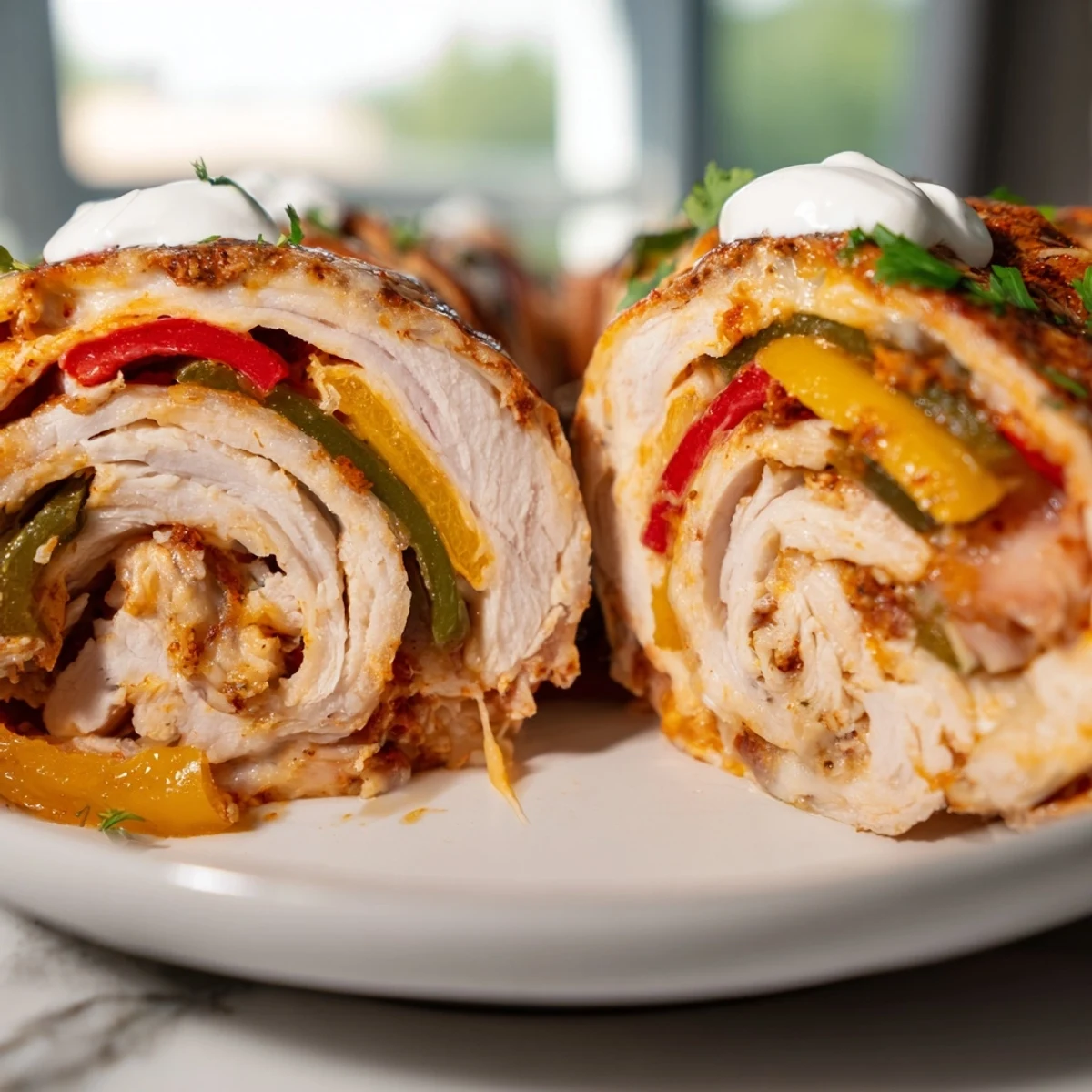 Baked chicken fajita roll ups garnished with fresh cilantro and lime wedges on a rustic dish