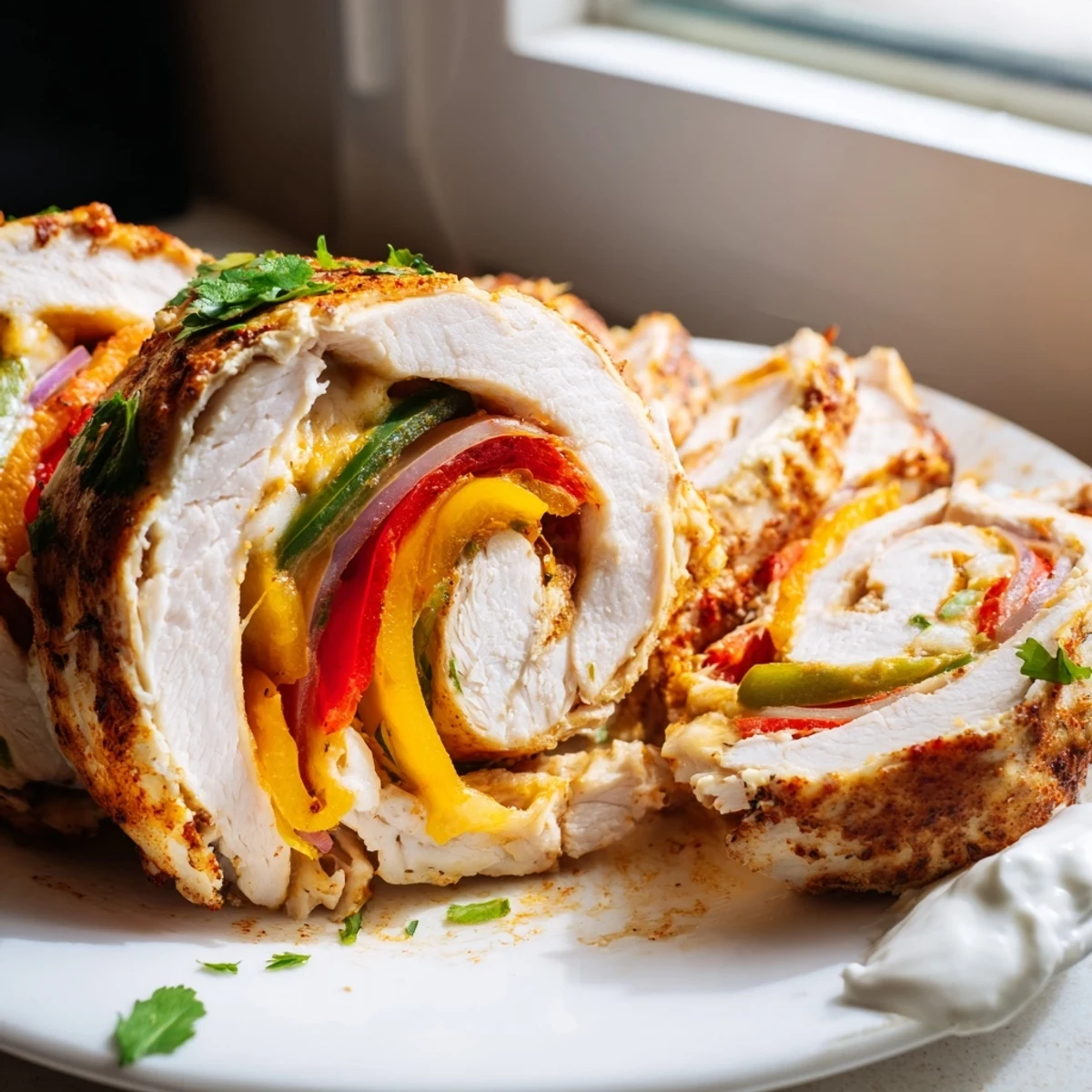 Tender baked chicken fajita roll ups sliced open revealing melted cheese and seasoned bell peppers