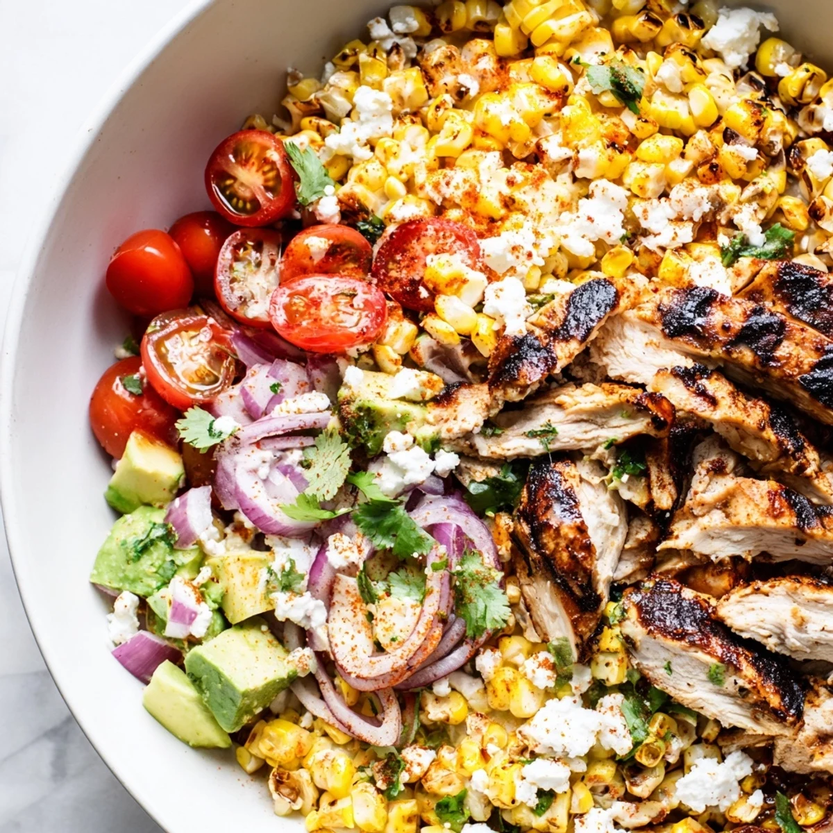 Creamy High Protein Chicken Street Corn Salad loaded with charred kernels and juicy grilled chicken