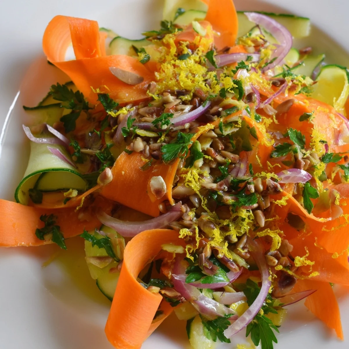 Fresh carrot ribbon salad with zesty citrus dressing and parsley garnish.  