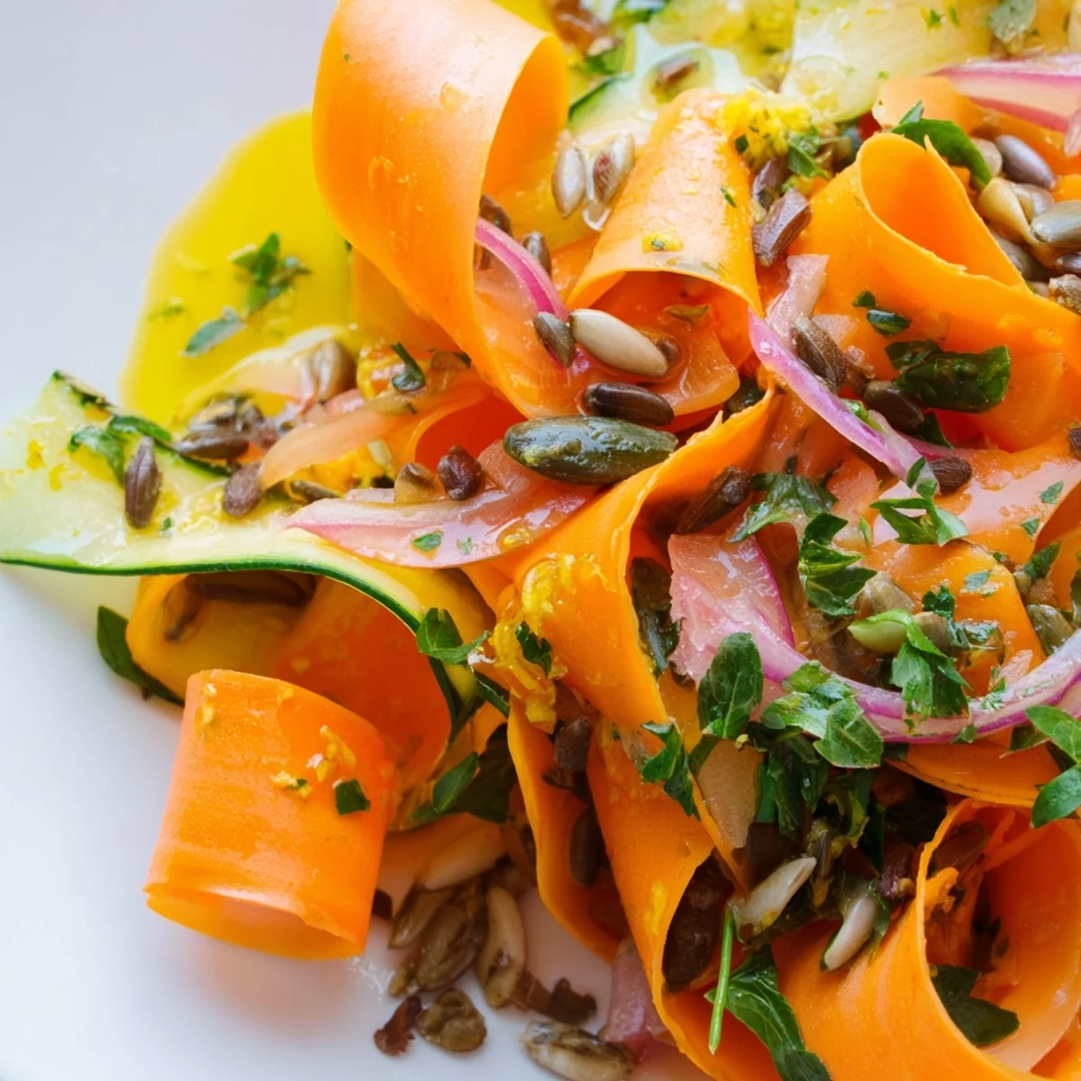 Vibrant carrot ribbons tossed in tangy lemon-orange dressing, perfect for light meals.  