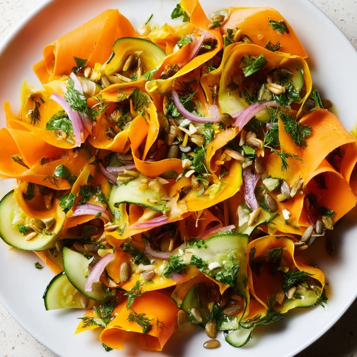 Golden carrot ribbons salad drizzled with citrus dressing, topped with sunflower seeds.