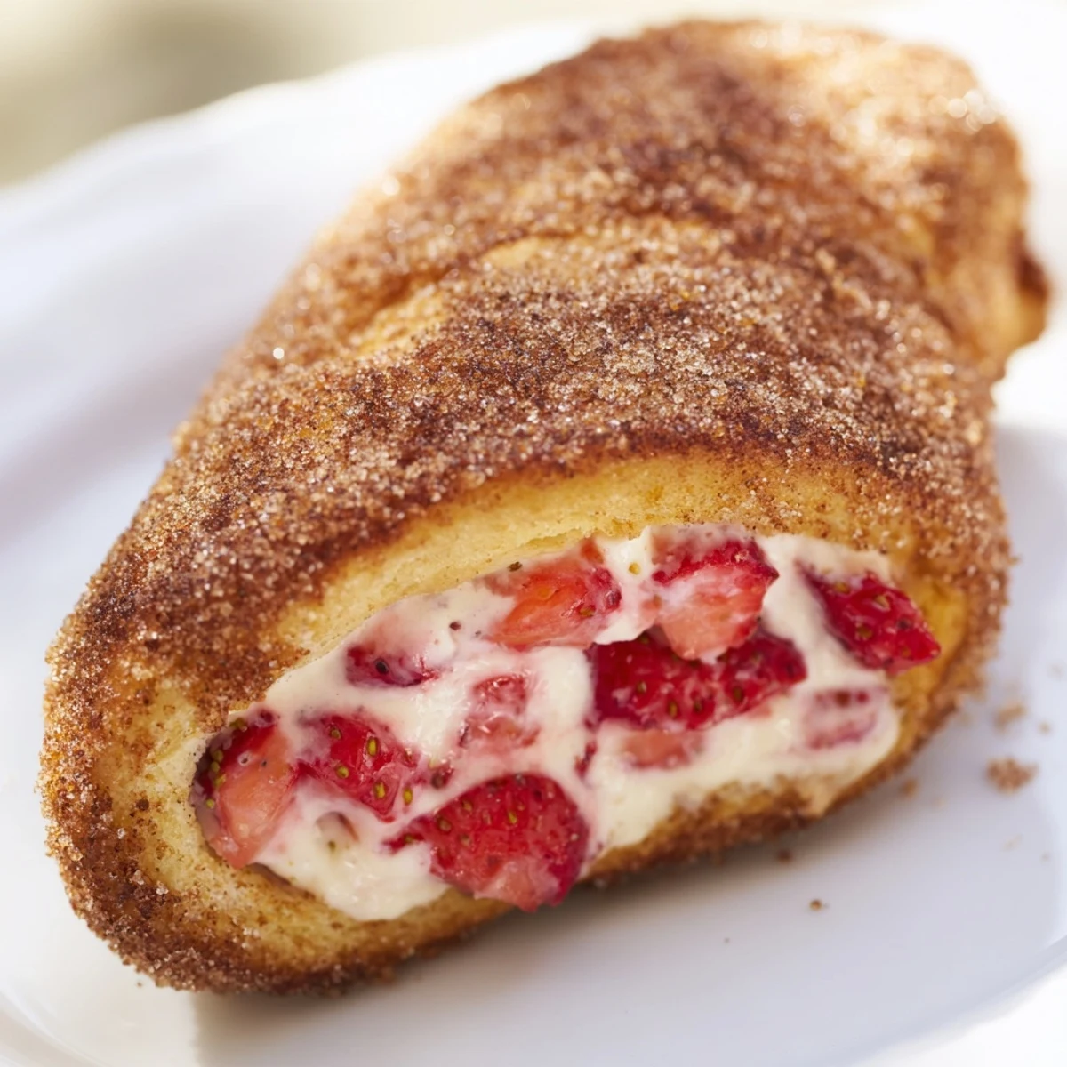 Golden strawberry cream cheese roll ups toasted to crispy perfection on a plate.  