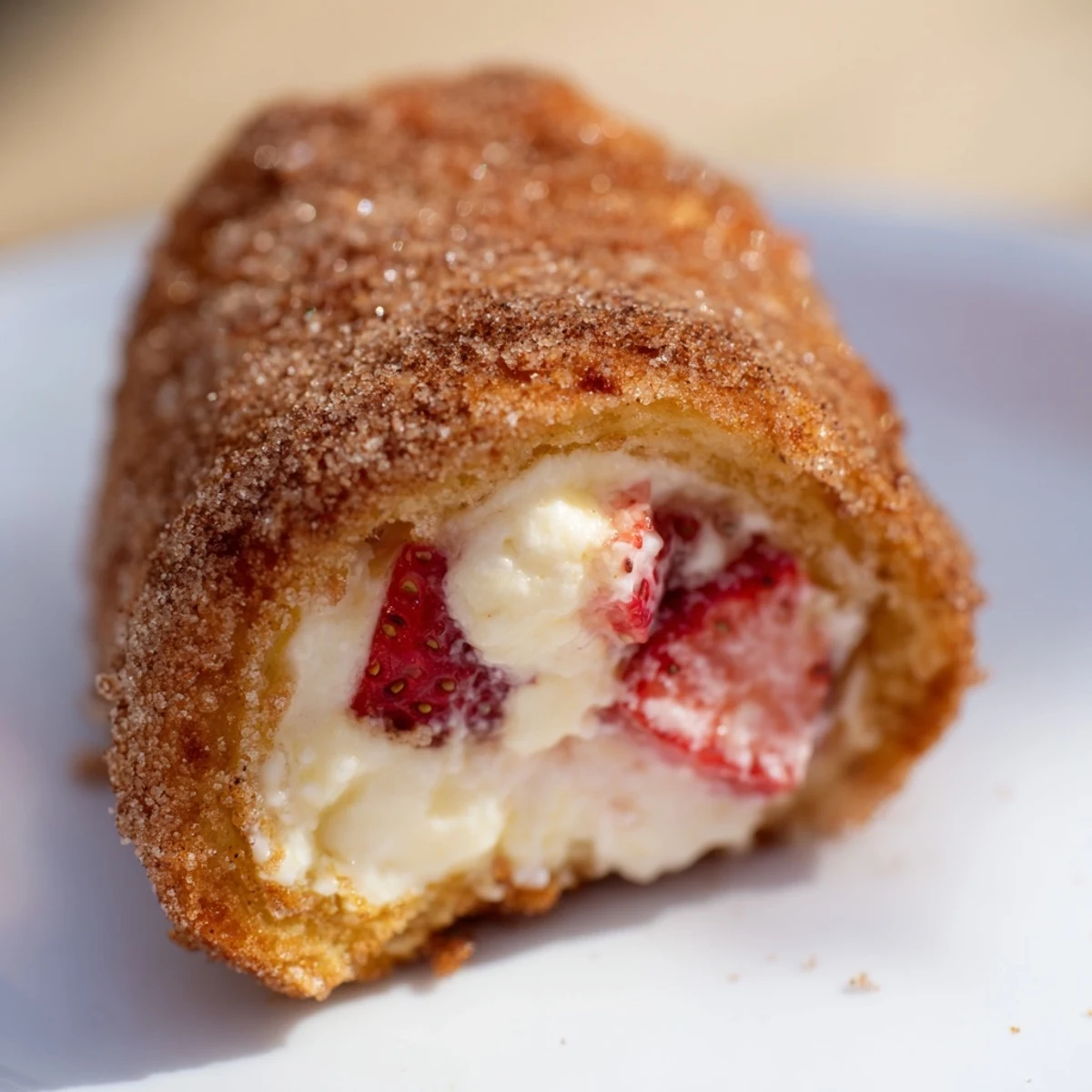 Sweet strawberry cream cheese roll ups with a warm cinnamon sugar coating.  