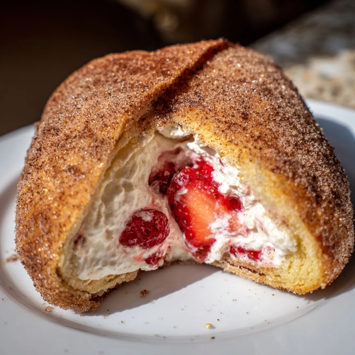 Close up of baked strawberry cream cheese roll ups with a luscious filling.