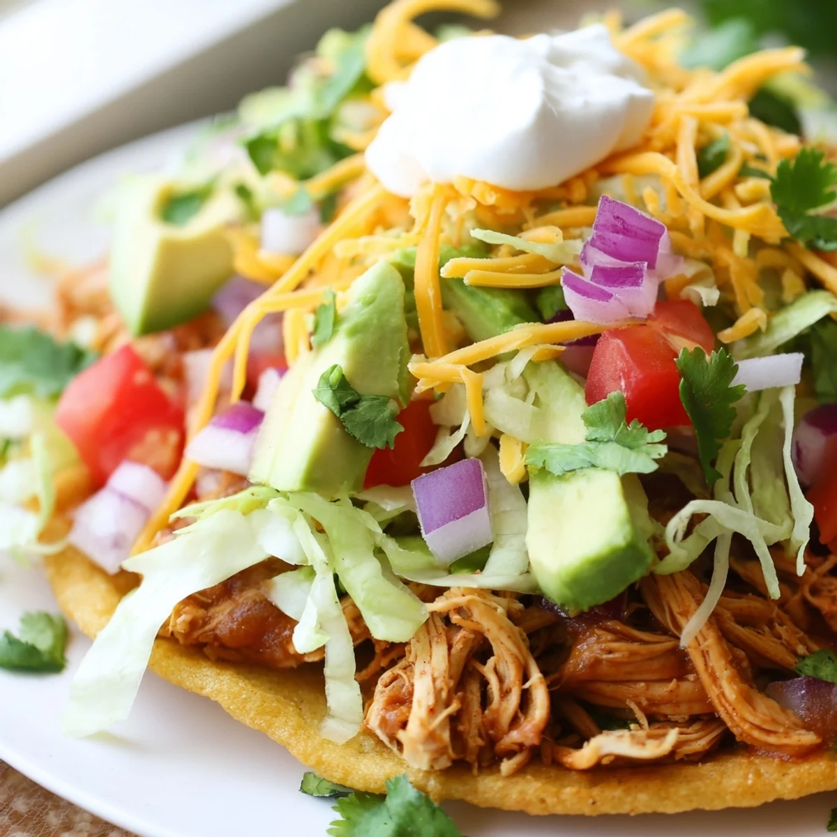 Crispy chicken tostadas topped with fresh vegetables and creamy sour cream.  