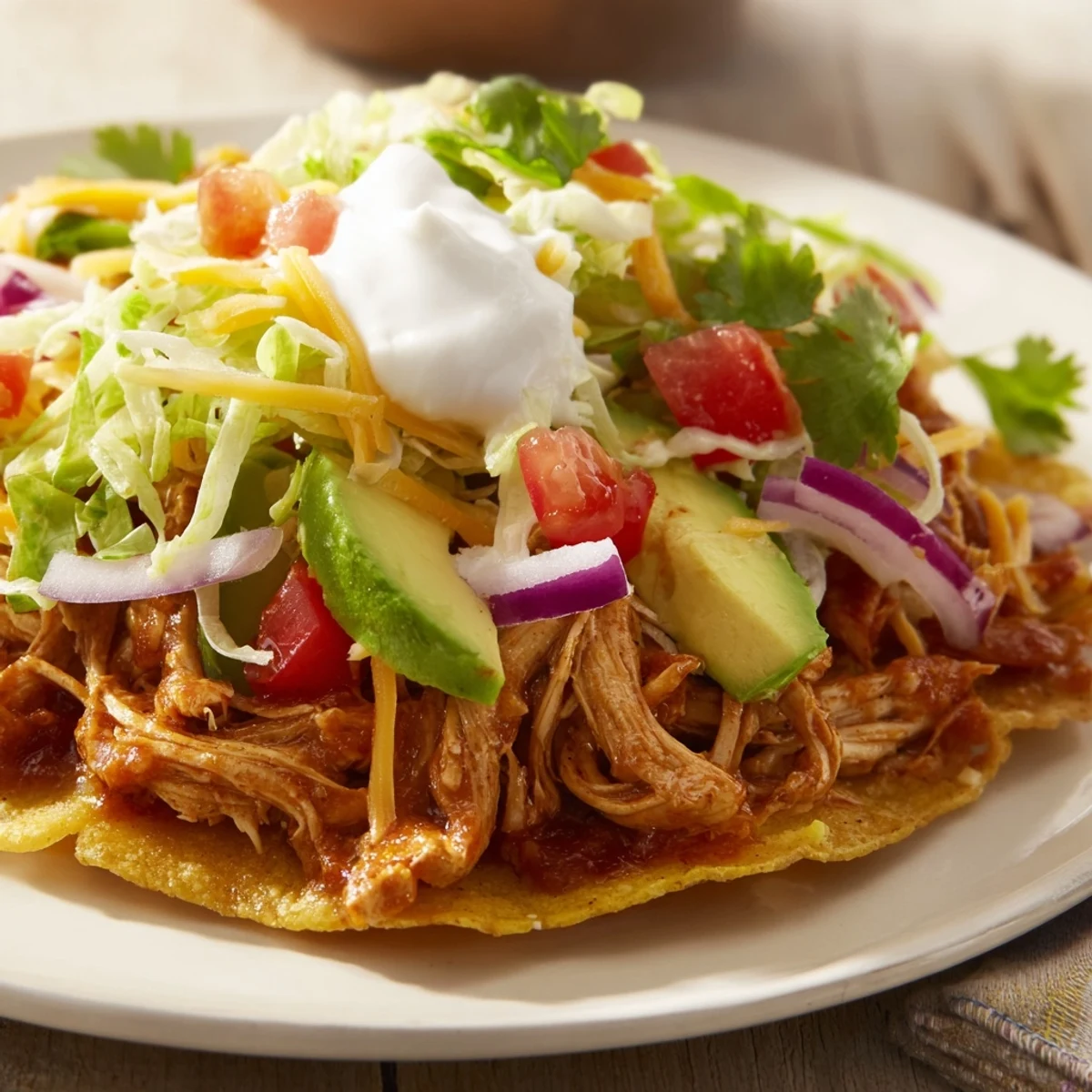 Vibrant Chicken Tostadas Ultimate Recipe piled high with avocado, lettuce, and salsa.