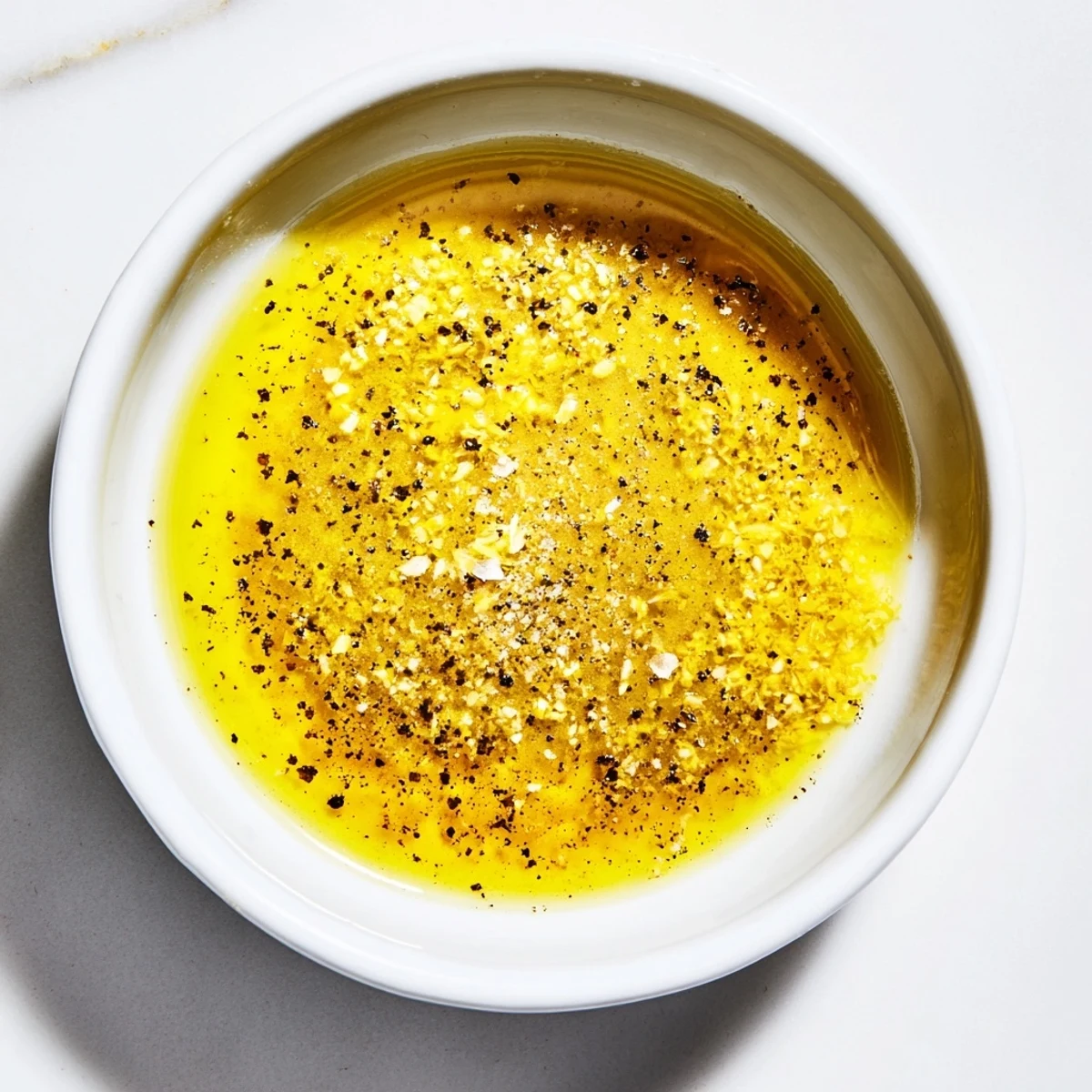 Close up of lemon vinaigrette dressing recipe with zest and olive oil swirl  