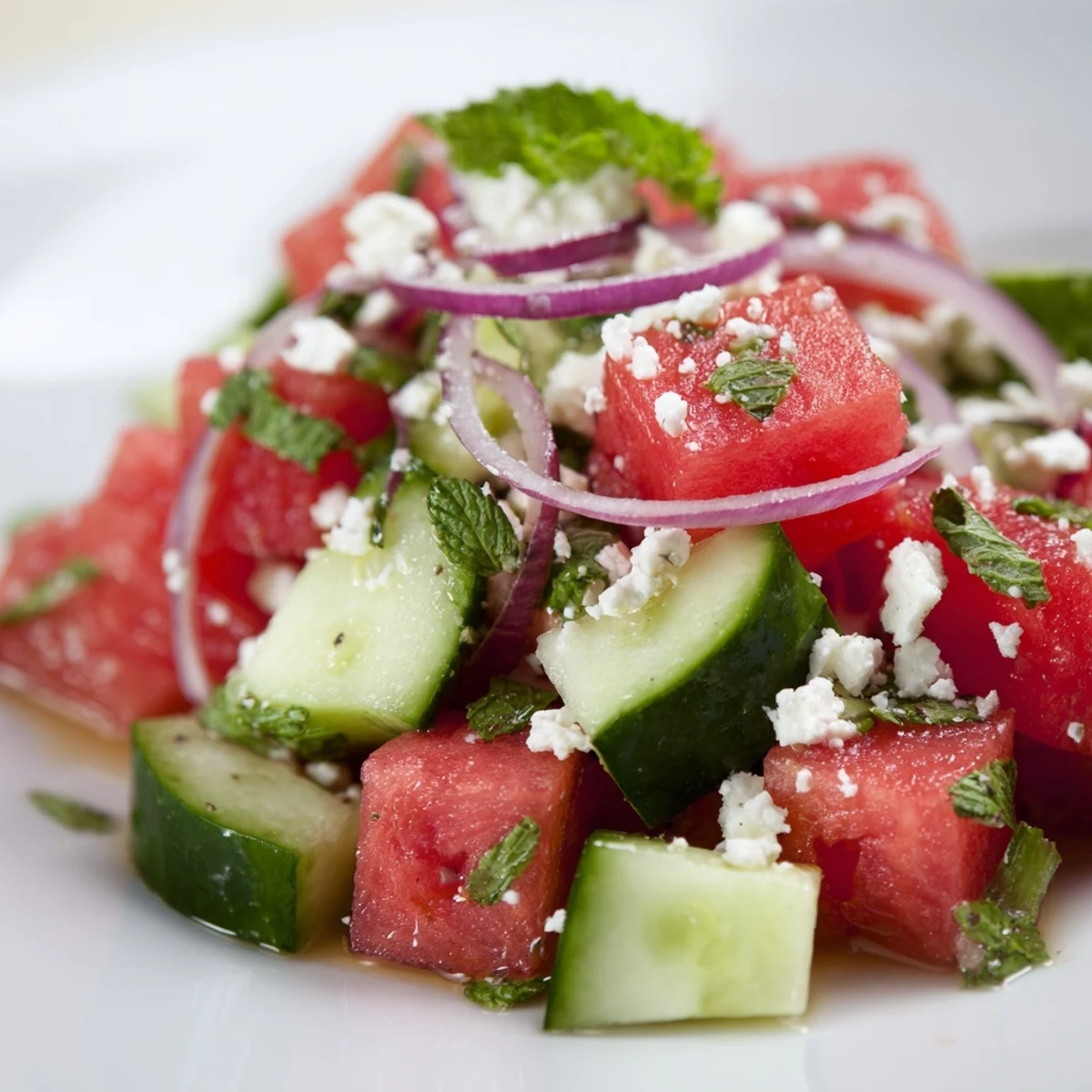 Refreshing watermelon cucumber salad with mint and tangy lime dressing in a bowl.  
