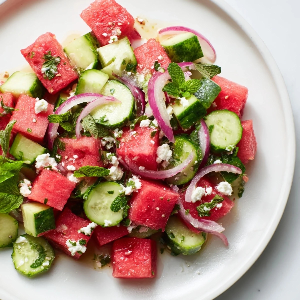 Crisp watermelon and cucumber salad topped with feta and fresh mint leaves.  