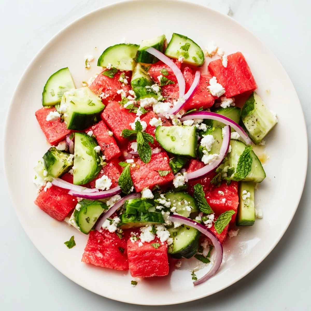 Colorful bowl of watermelon cucumber salad drizzled with lime and olive oil.