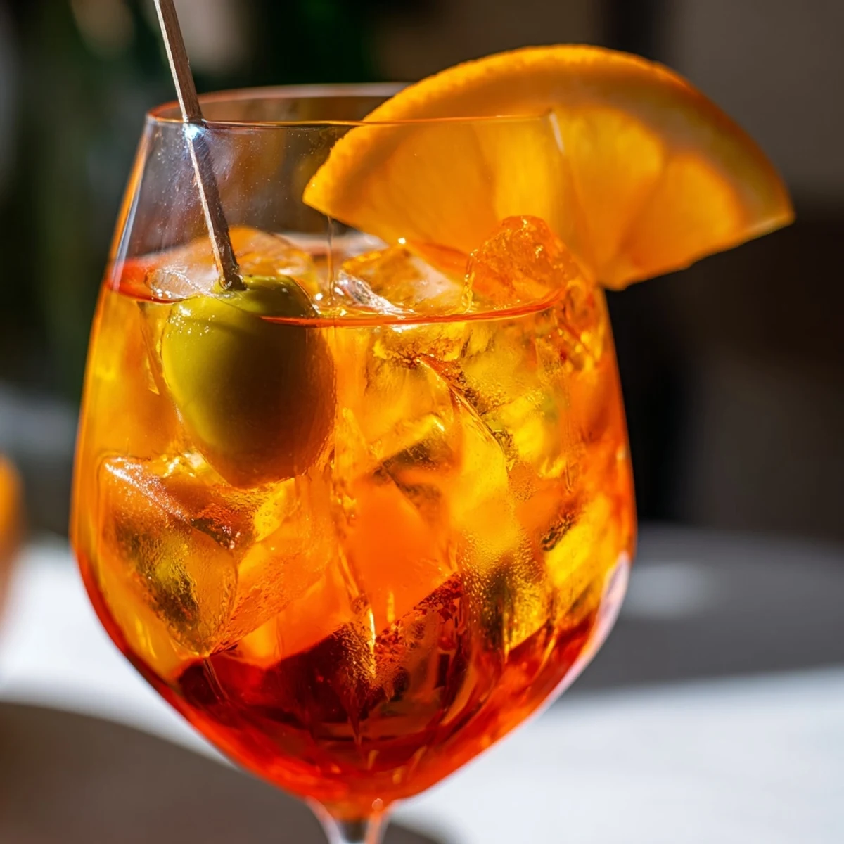 Vibrant orange Spritz cocktail garnished with a fresh slice and ice.  