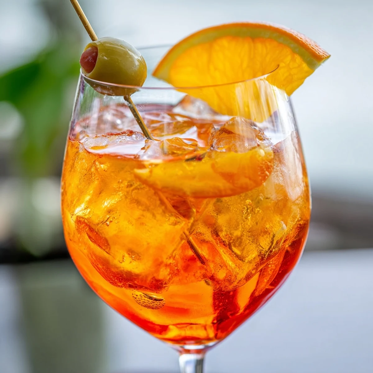 Refreshing summer Spritz cocktail with orange garnish and sparkling bubbles in glass.