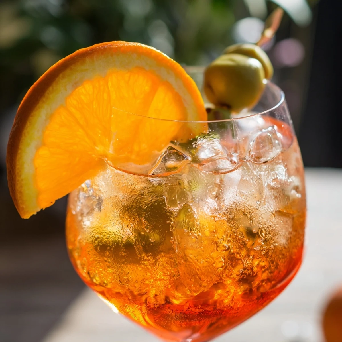 Chilled Italian Spritz served over ice in a wine glass with olive.  