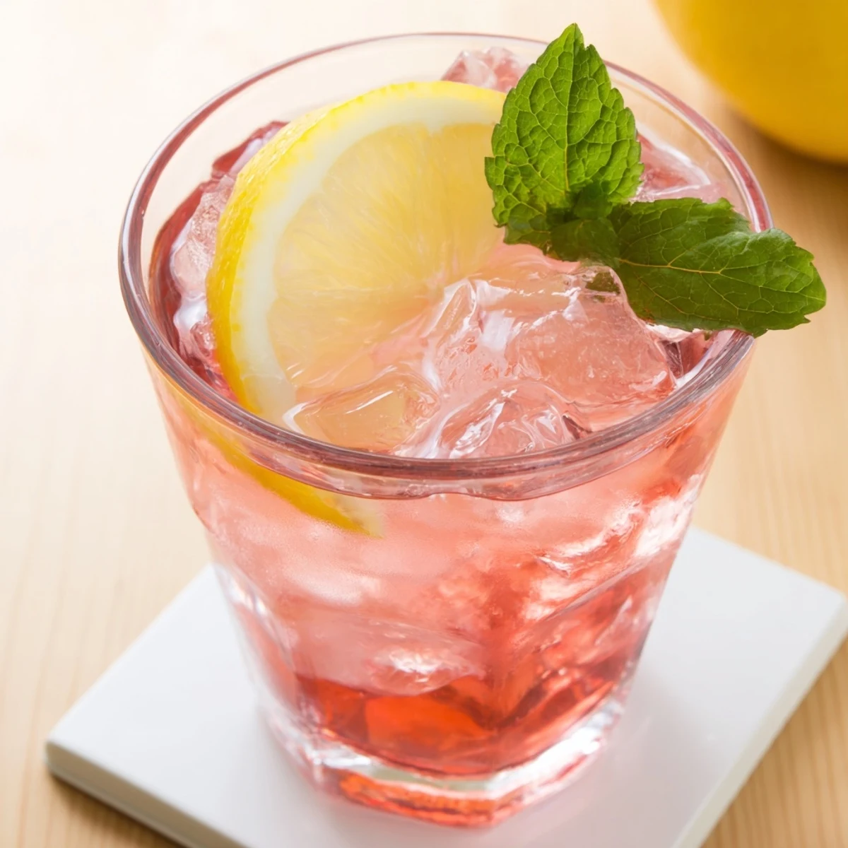 Refreshing honey lemon pink soda with ice and lemon slices on a sunny day  