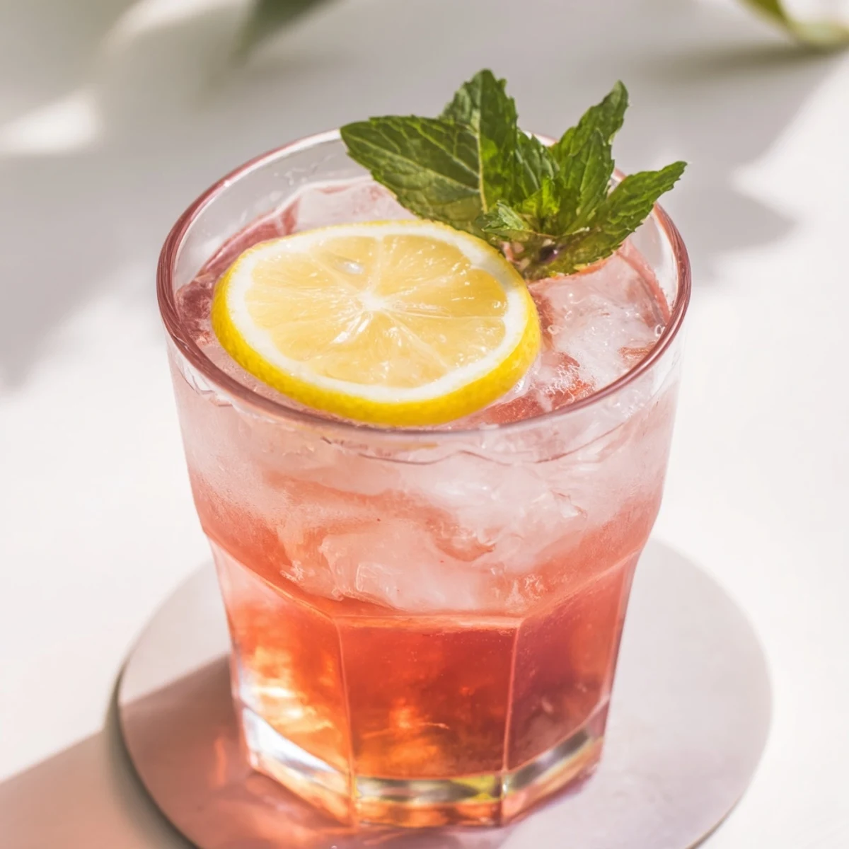 Glass of bubbly honey lemon pink soda topped with fresh mint leaves  