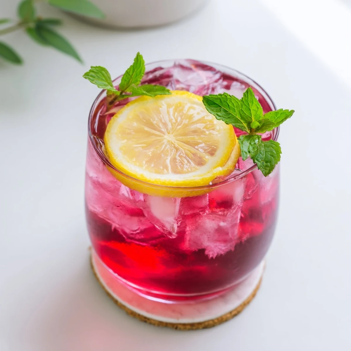 Effervescent honey lemon pink soda in a tall glass with floating ice cubes