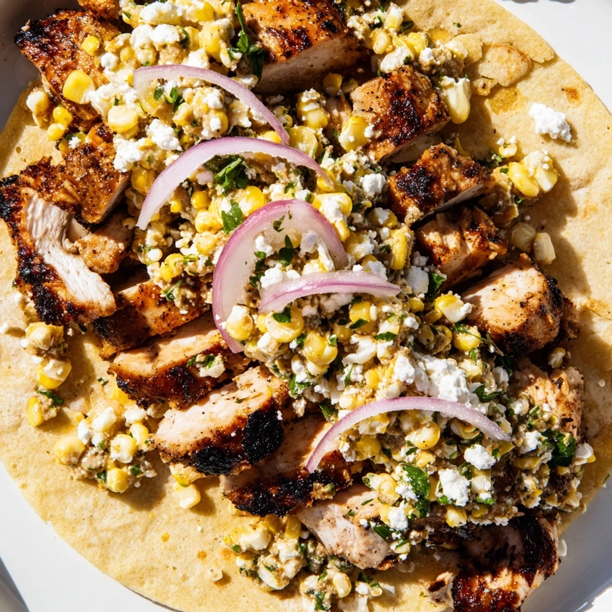 Crazy Good Street Corn Chicken Tacos topped with zesty corn and crumbled cotija.