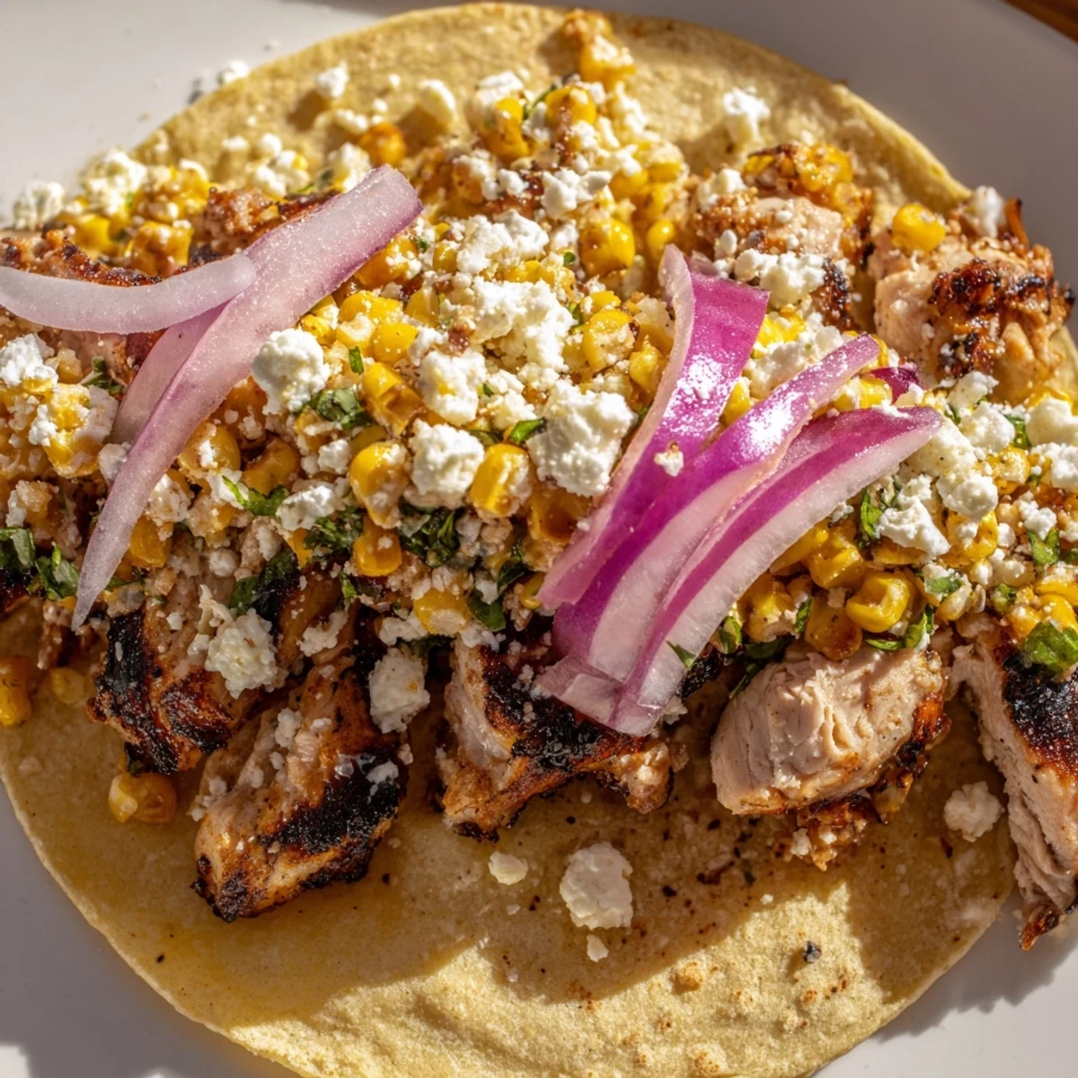 Golden grilled chicken tacos with creamy street corn and fresh cilantro garnish.
