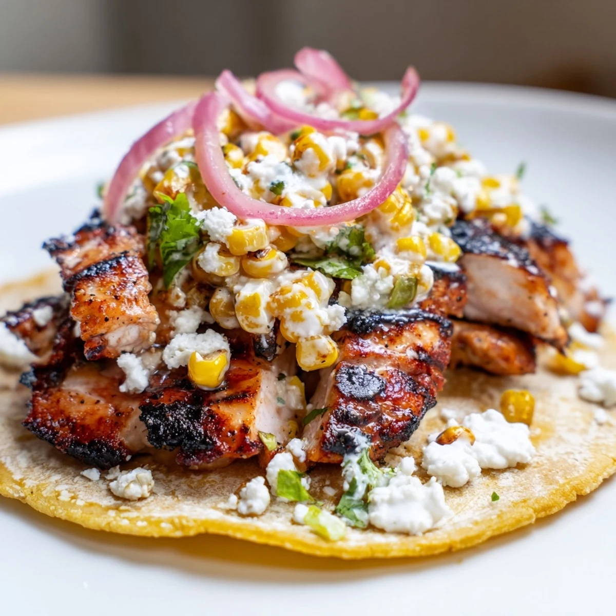 Vibrant street corn chicken tacos wrapped in warm tortillas with lime wedges.