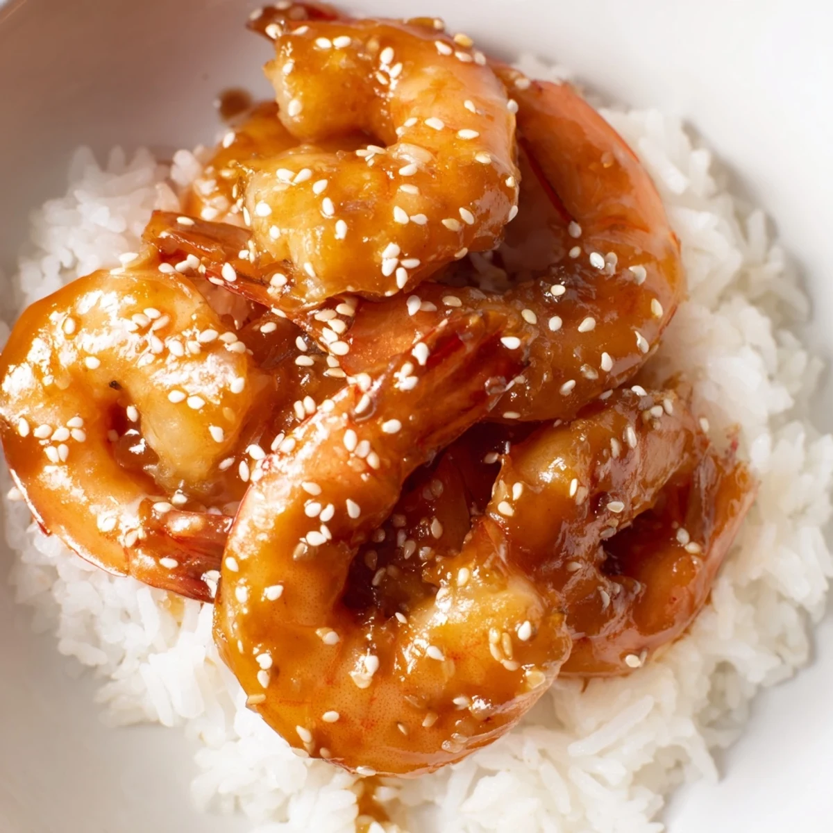 Glazed teriyaki shrimp served over fluffy rice with crisp colorful vegetables in bowls  