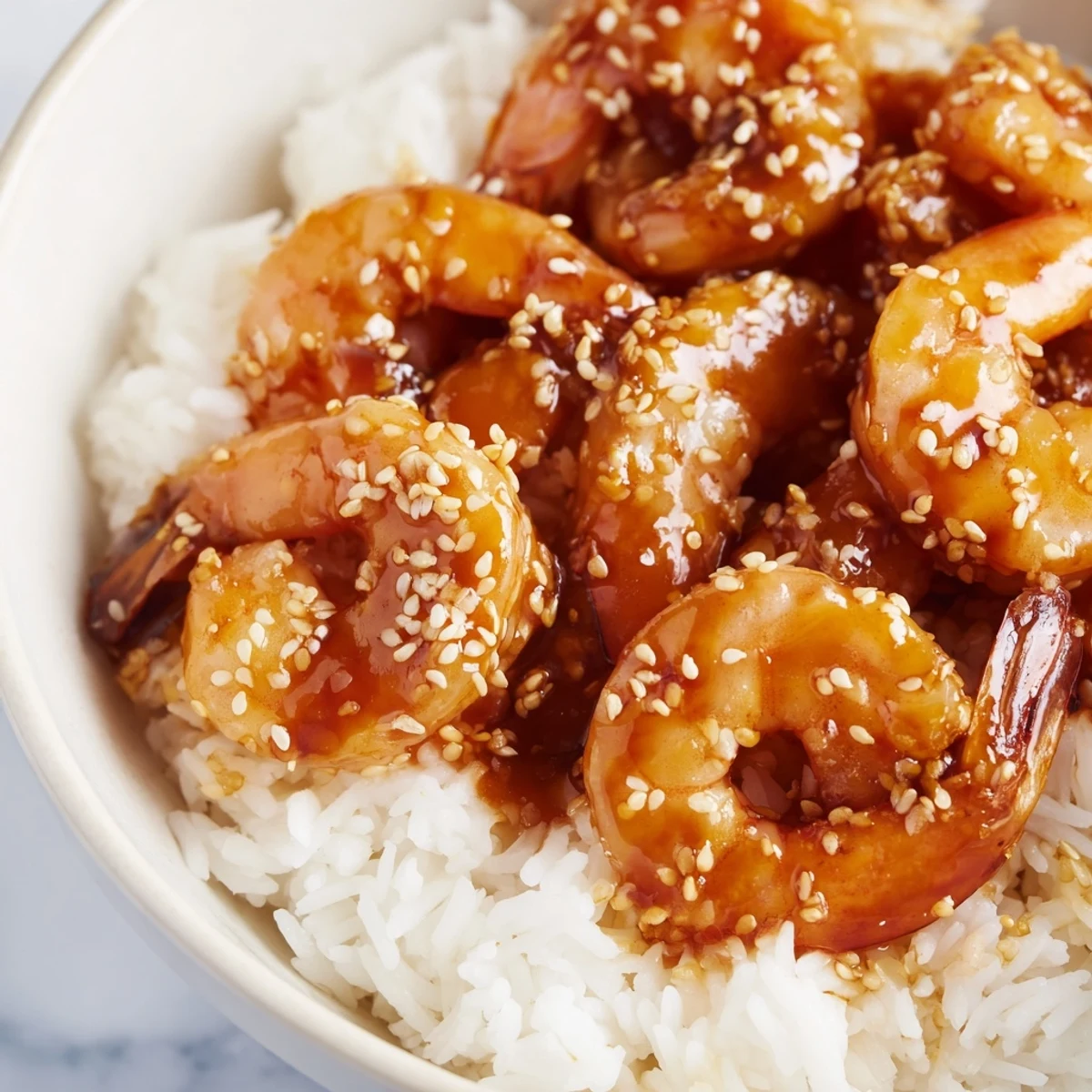 Delicious teriyaki shrimp rice bowl topped with sesame seeds and fresh sliced green onions  